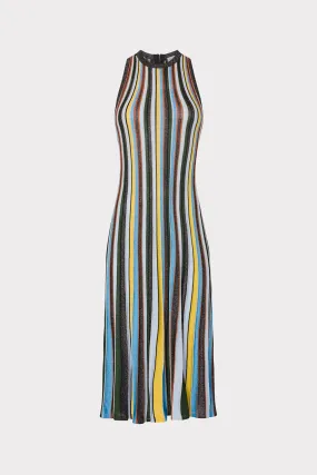 Garden Scene Vibrant pattern Multi Stripe Halter Knit Midi Dress