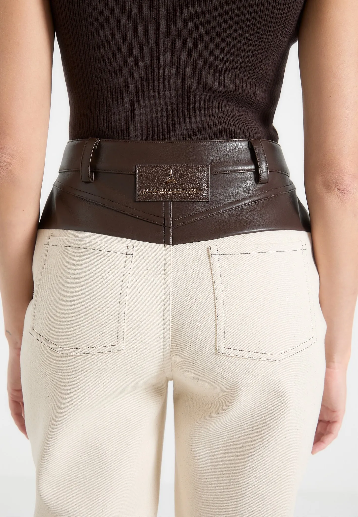 Renee - Leather & Denim Straight Leg Jeans - Cream/Brown Affordable Outdoor Adventure Artist Vibe