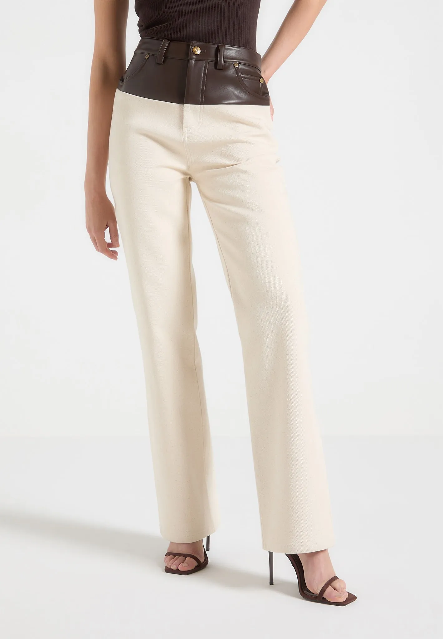 Renee - Leather & Denim Straight Leg Jeans - Cream/Brown Smart Casual Modern Rainy Day
