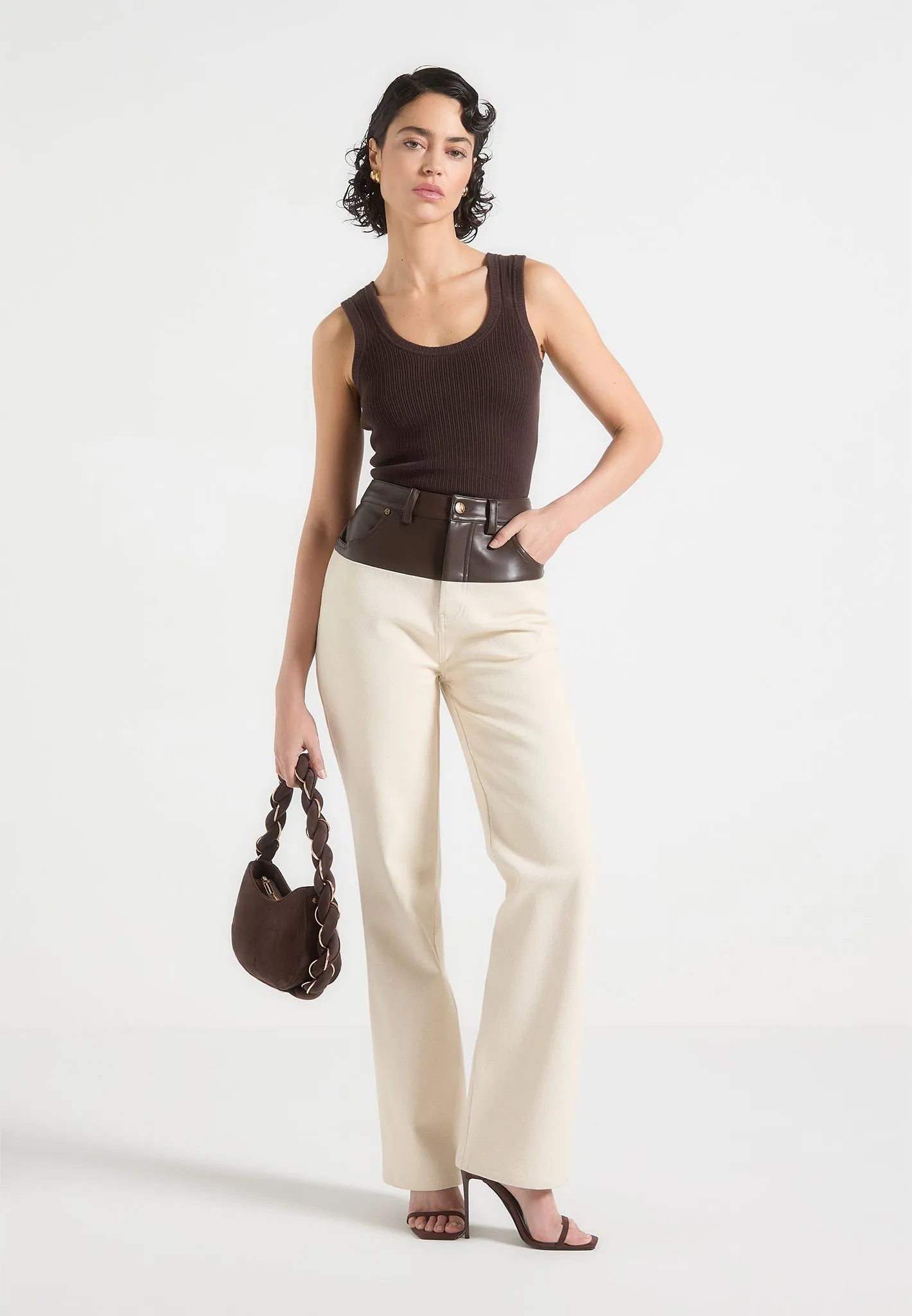 Renee - Leather & Denim Straight Leg Jeans - Cream/Brown Couple Look Office Wear Streetwear Fan Earthy High Quality