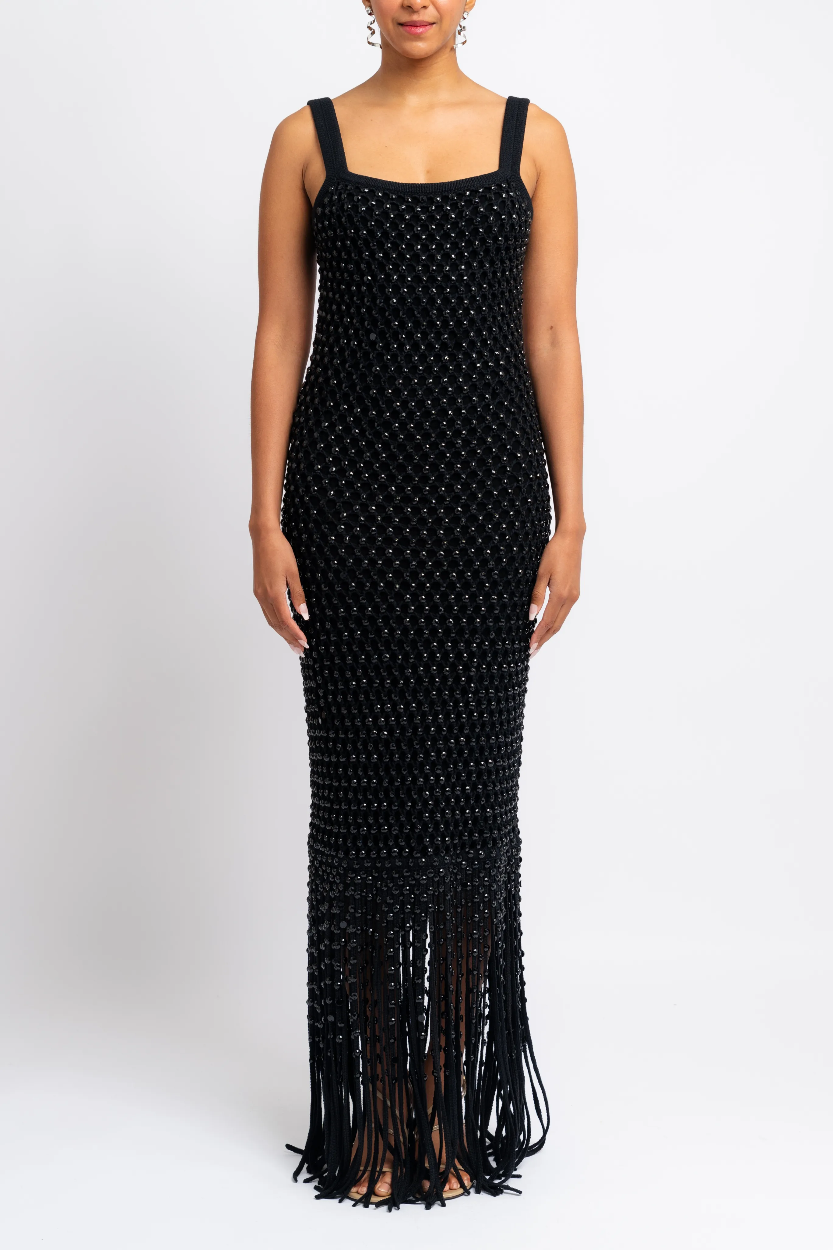 Capsule-Wardrobe Crystal Mesh Gala Fringe Gown - Black