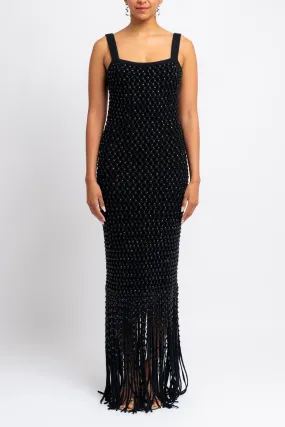 Capsule-Wardrobe Crystal Mesh Gala Fringe Gown - Black