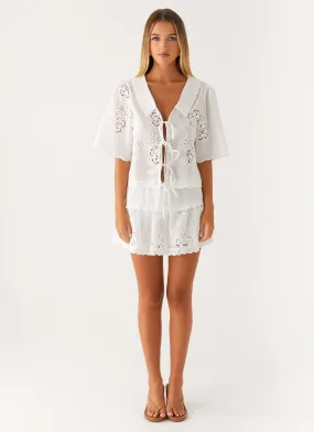 Summer Escape Embroidered Mini Skirt - White Vegan Material