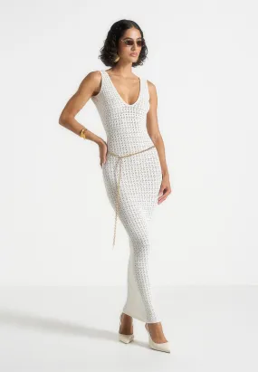 Subtle Stitch Refined Stitch Myriam - Pointelle Plunge Midaxi Dress With Chain - Cream