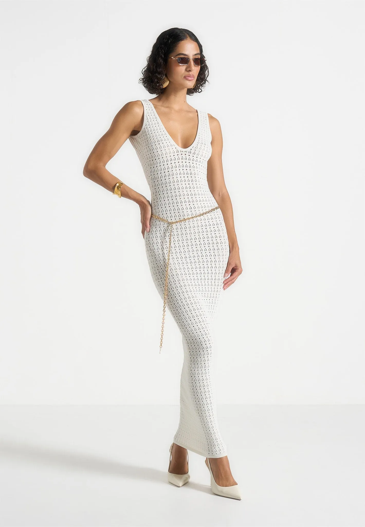 Subtle Stitch Refined Stitch Myriam - Pointelle Plunge Midaxi Dress With Chain - Cream