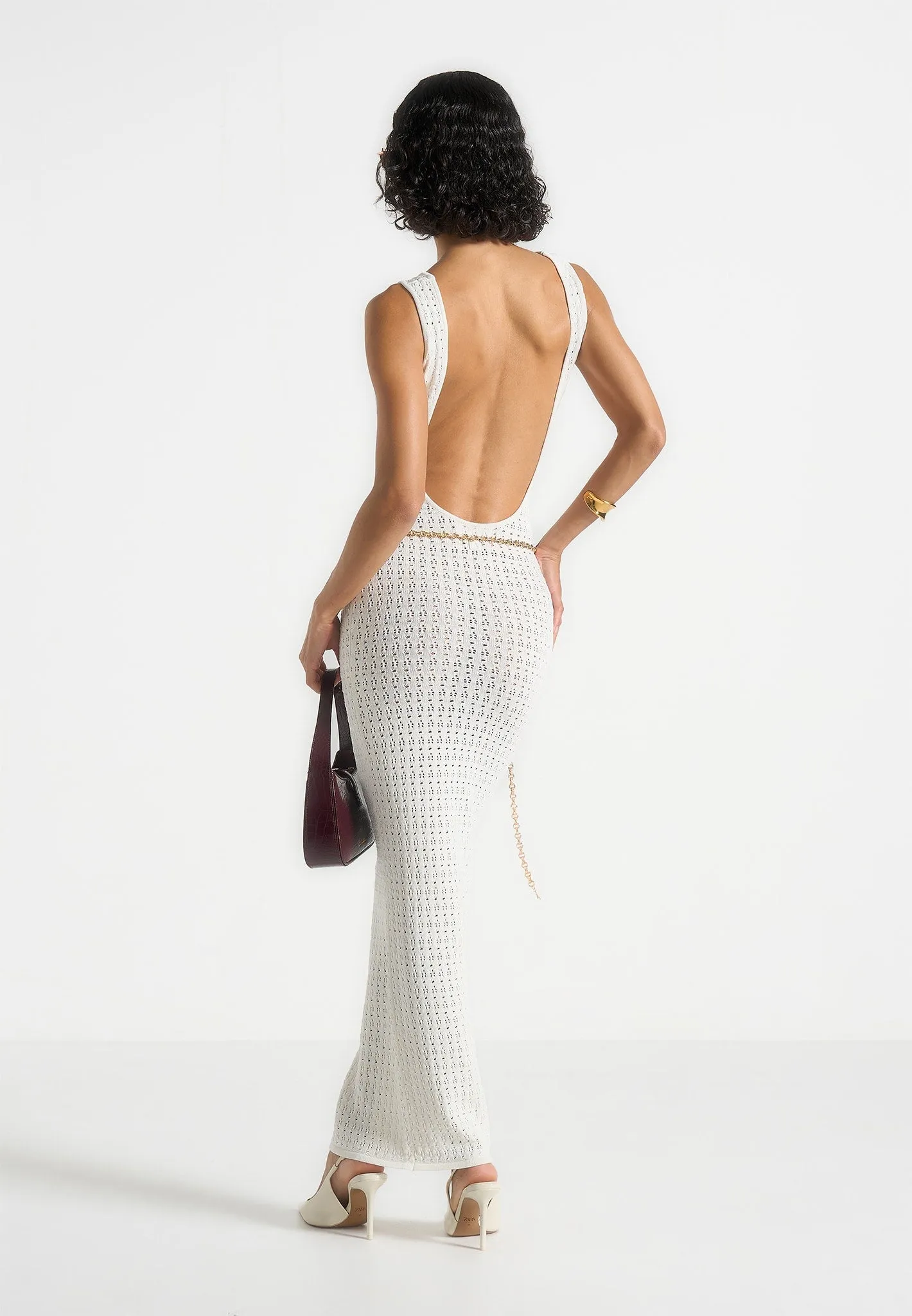 Smart Fashion Wedding-Guest Myriam - Pointelle Plunge Midaxi Dress With Chain - Cream