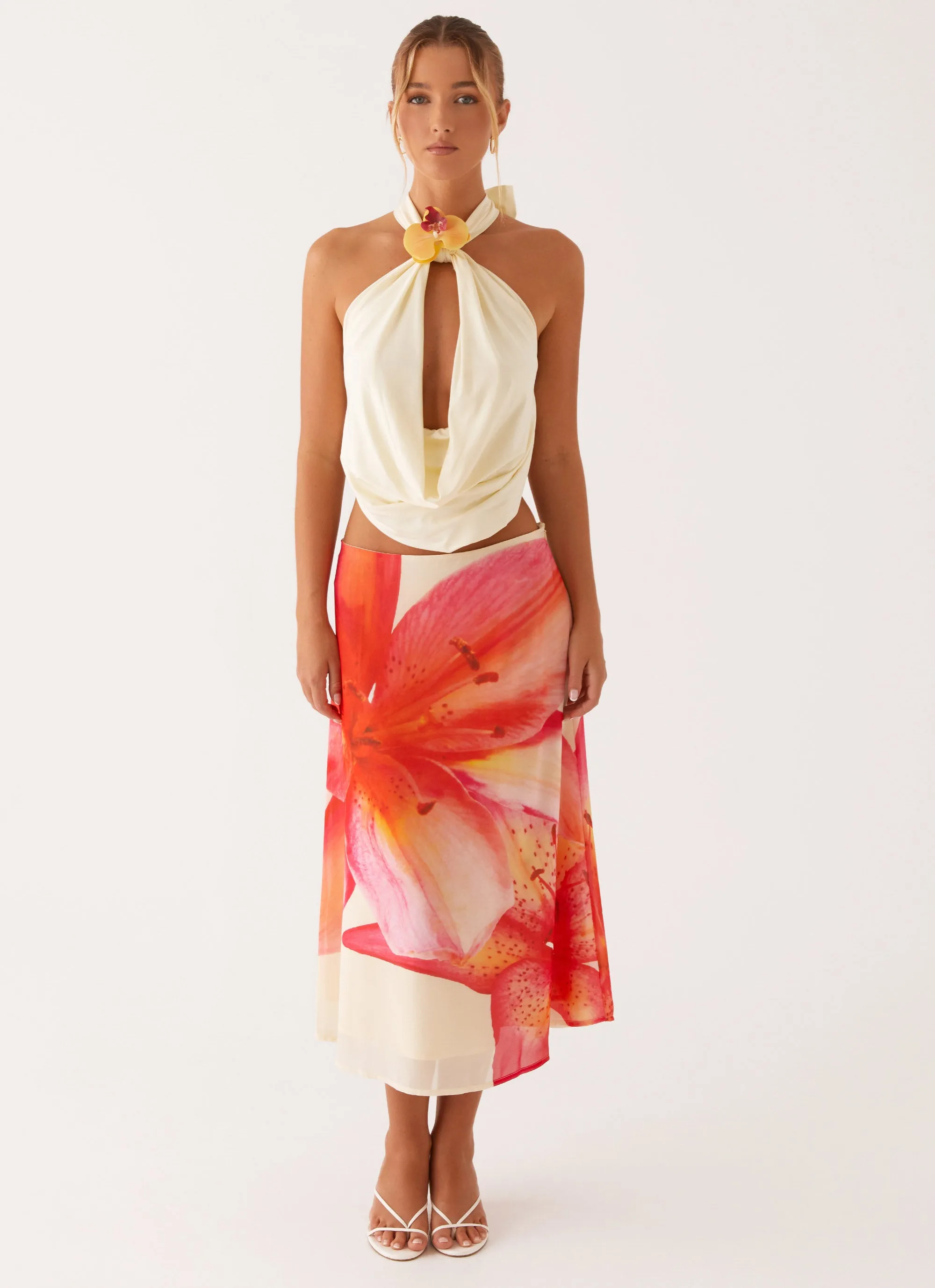 Smart Casual Sleek Outfit Summertime Midi Skirt - Yellow Floral