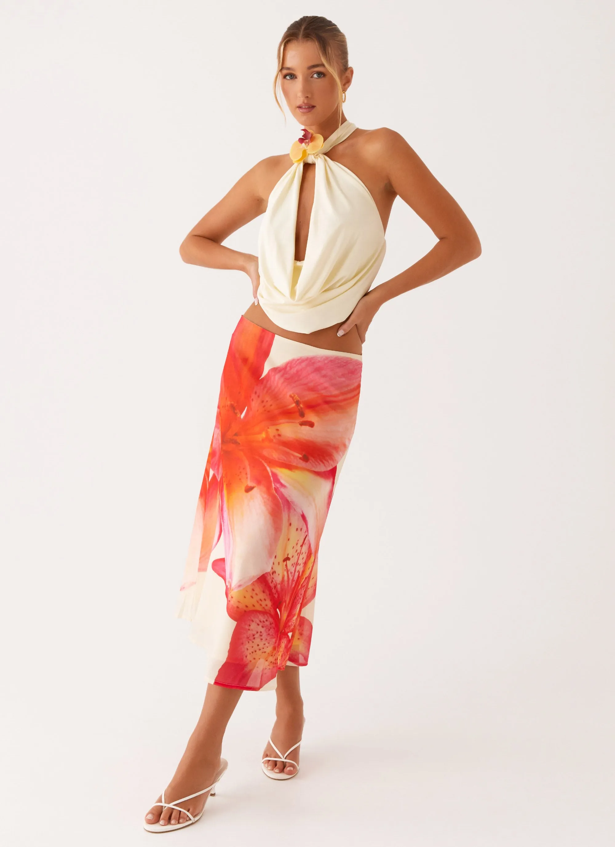 Evening Outing Summertime Midi Skirt - Yellow Floral