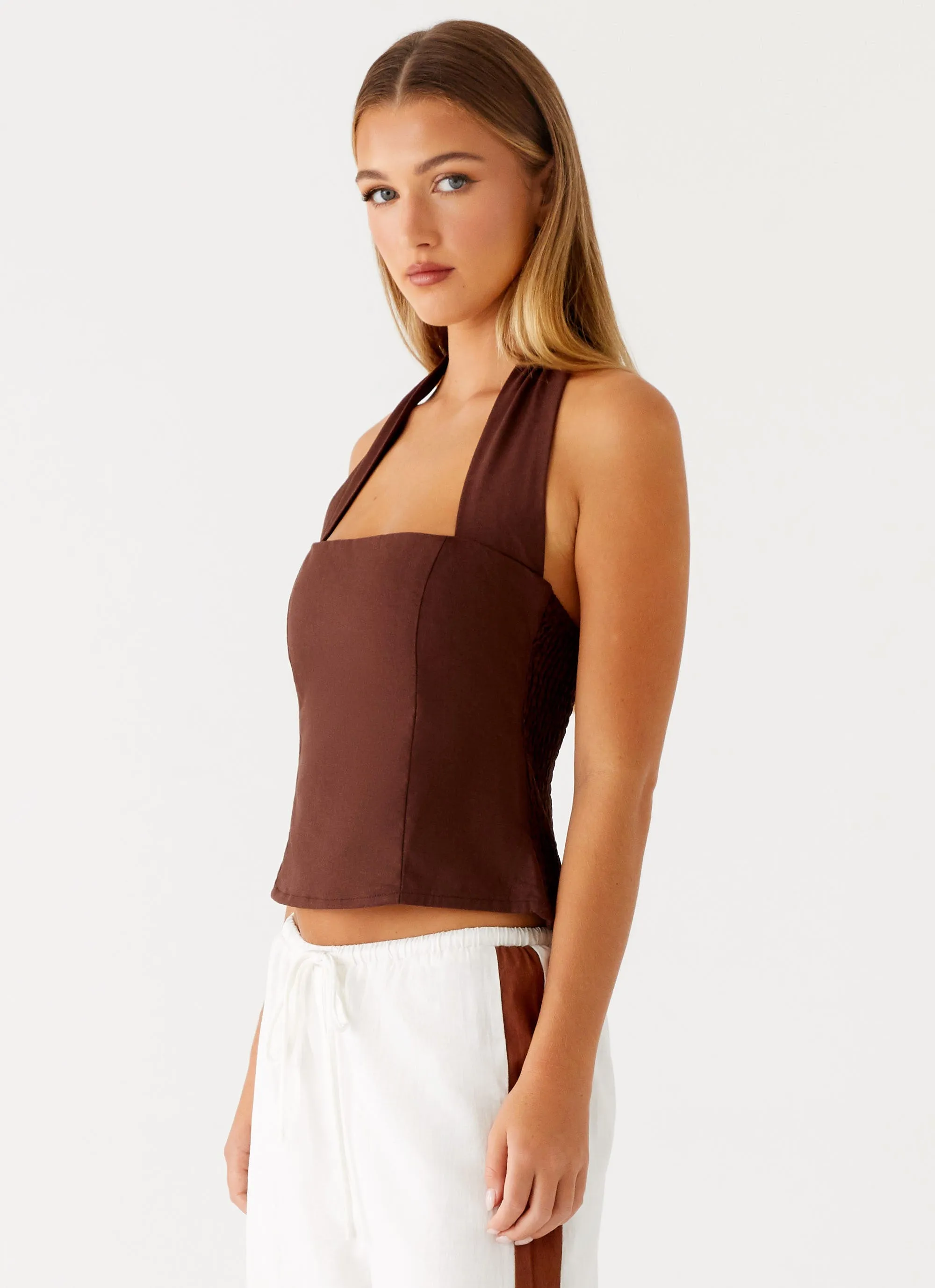 ReinforcedArmholes Buttery Soft Feel Sunflare Linen Halter Top - Chocolate