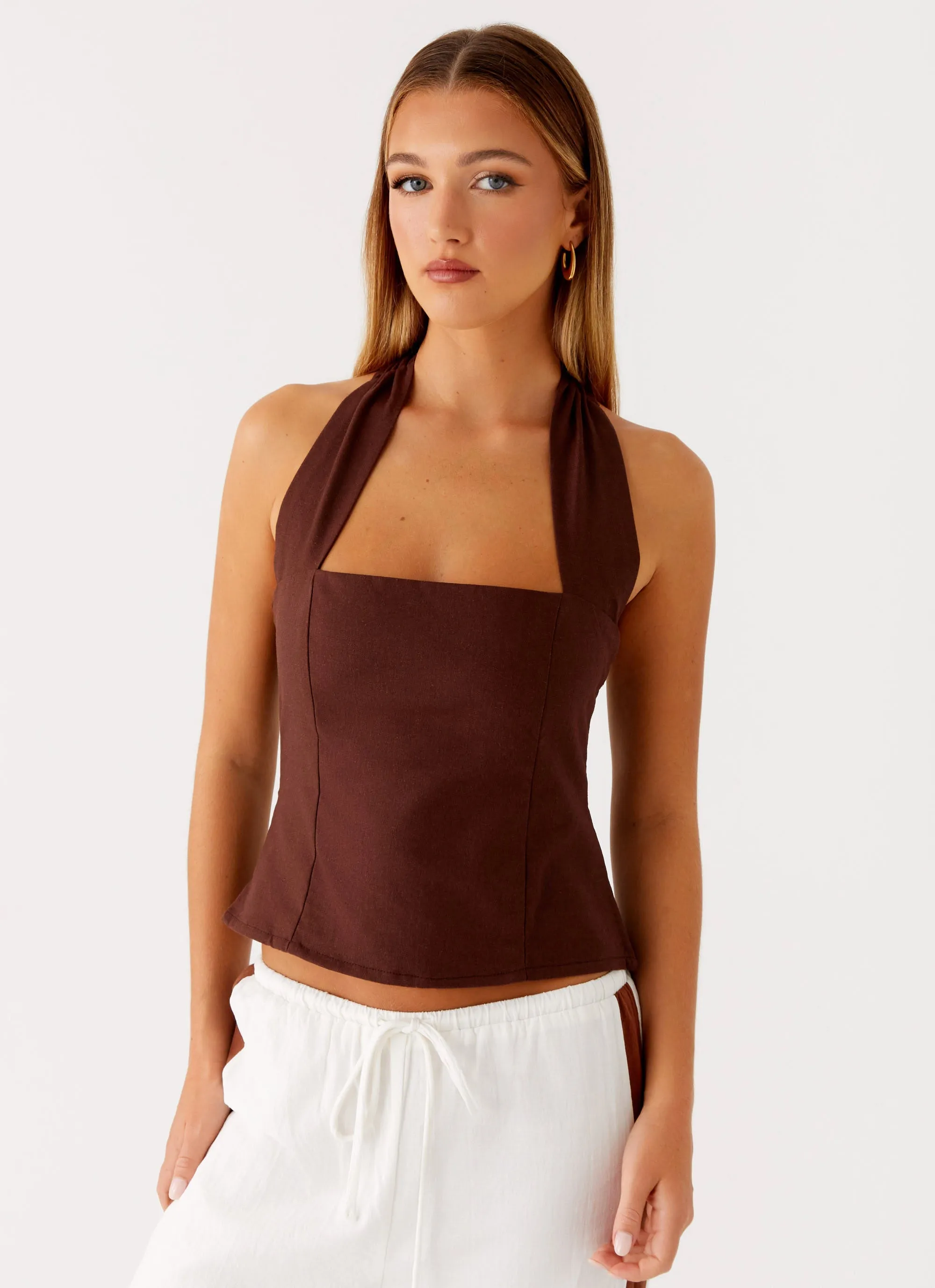 Sunflare Linen Halter Top - Chocolate AntiPillTreatment DoubleLayeredCollar