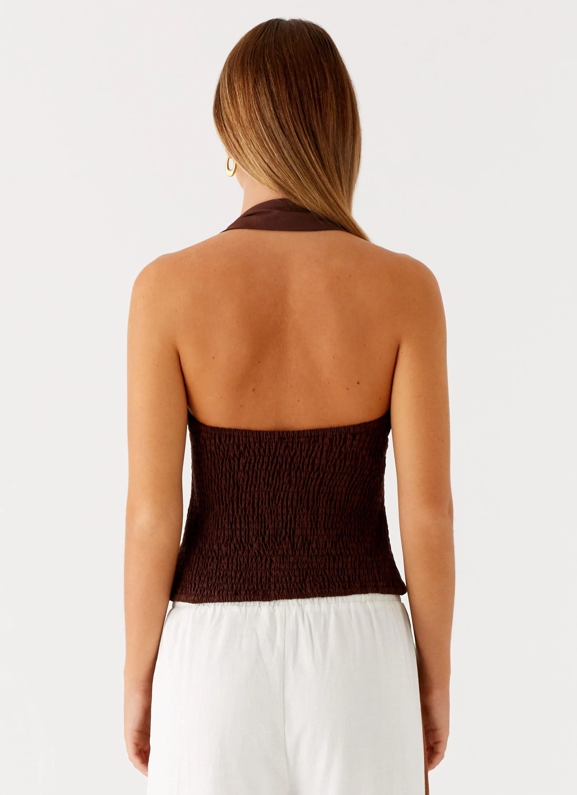 Sunflare Linen Halter Top - Chocolate ContrastStitching SecurePockets