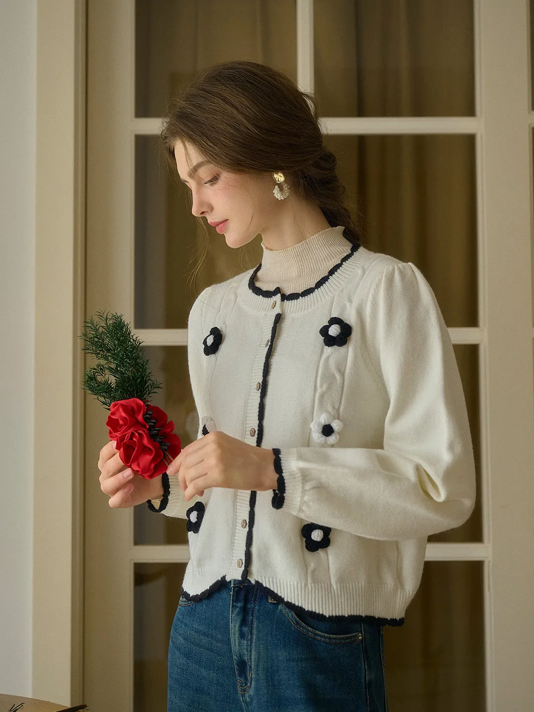 Araya Ribbed Round Neck Contrasting 3D Rose Knitted Cardigan High Durability Material