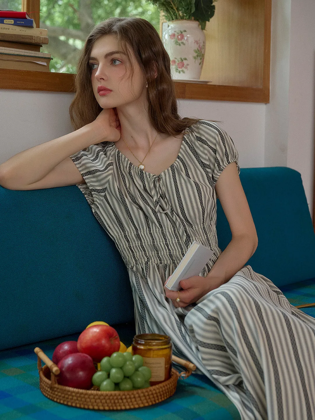 Flowing Layers Eliza Round Neck Stripe Viscose Dress