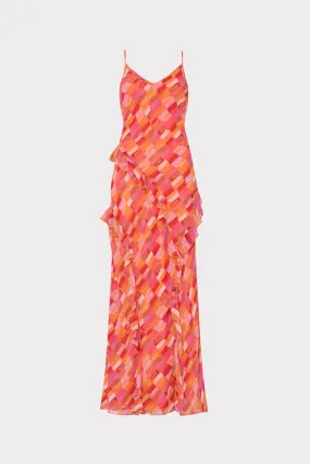 Sunset Tile Ruffle Maxi Dress Bishop-Sleeve