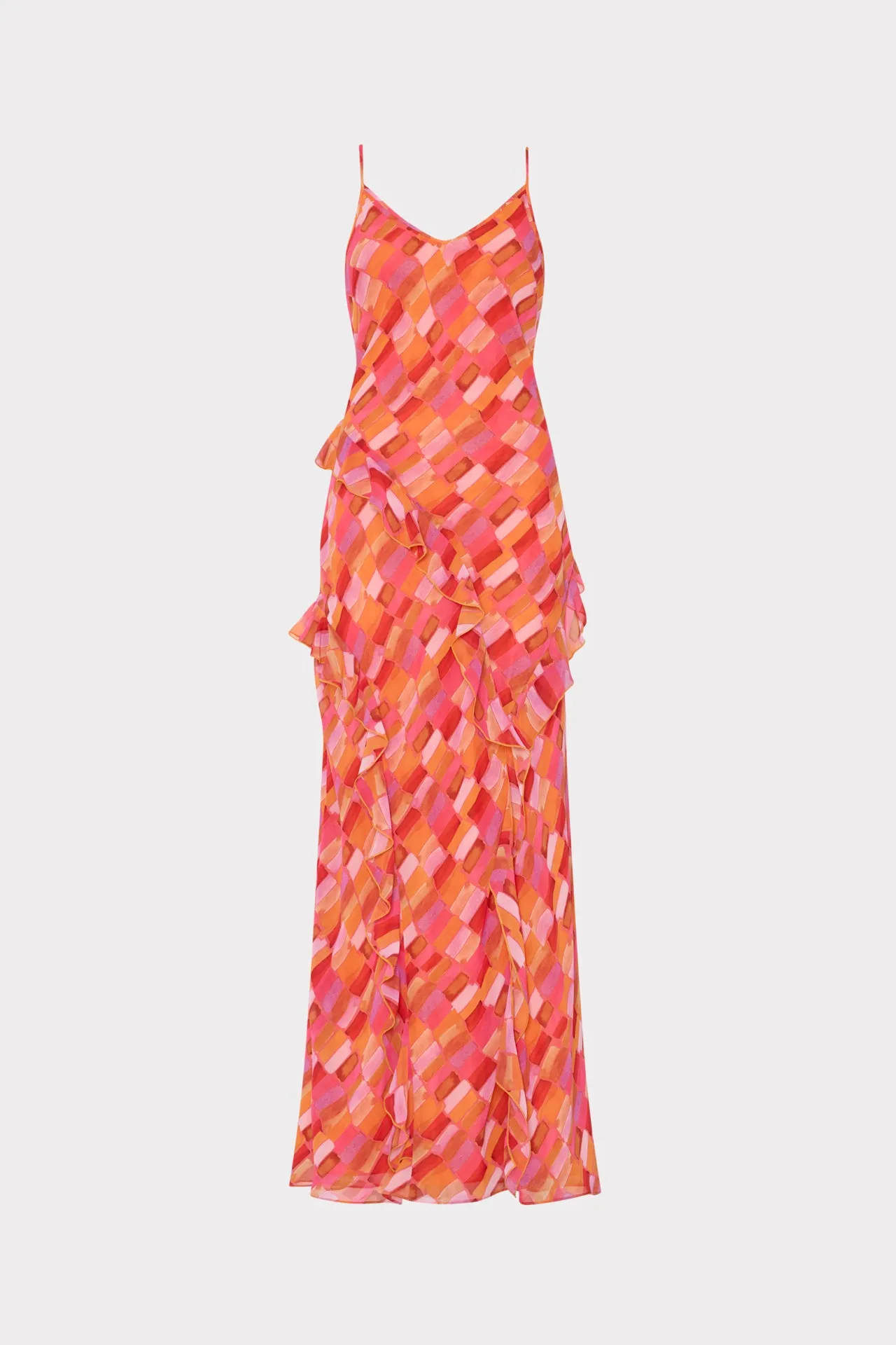 Sunset Tile Ruffle Maxi Dress Bodycon Fit
