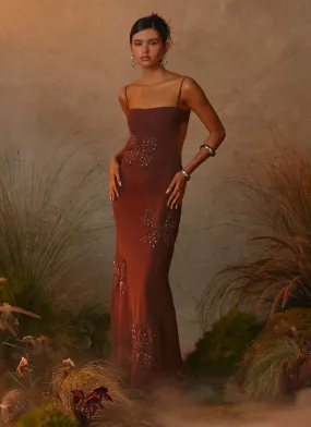 Bayla Beaded Flower Maxi Dress - Chocolate Fashion Forward Summer Outfit