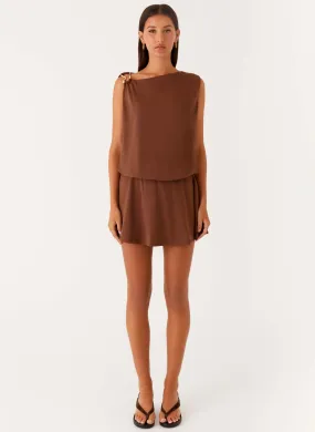 Ala Mini Dress - Chocolate Leg-Lengthening Flowy Texture