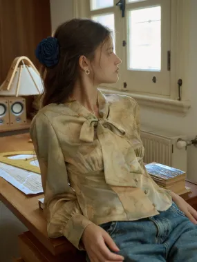 ??Final Sale??Melina Retro Oil Painting Print V-Neck Lace-Up Lantern Sleeve Satin Blouse All Weather Performance Fabric