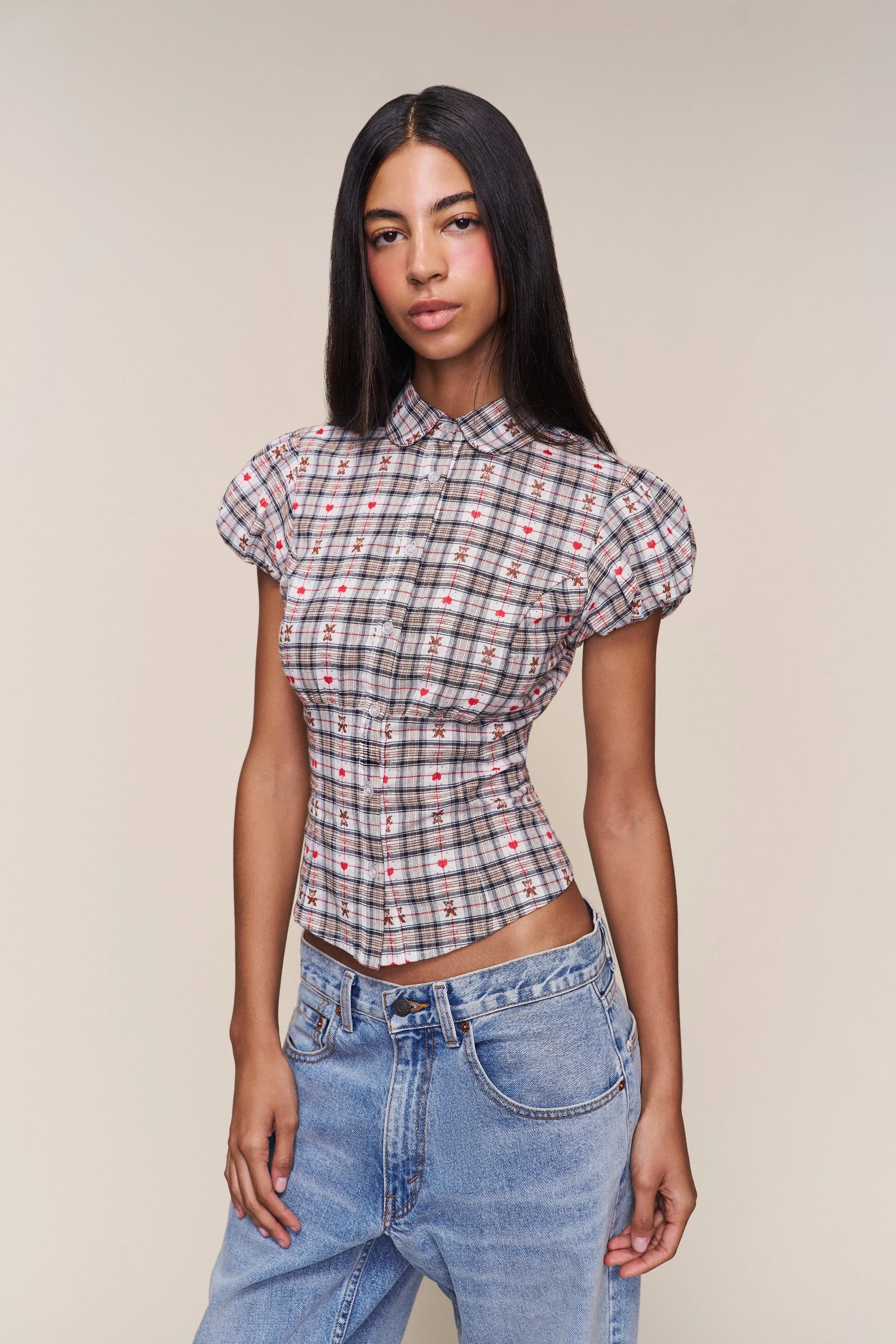 Breathable3DKnit HighNeckCut Liana Plaid Top