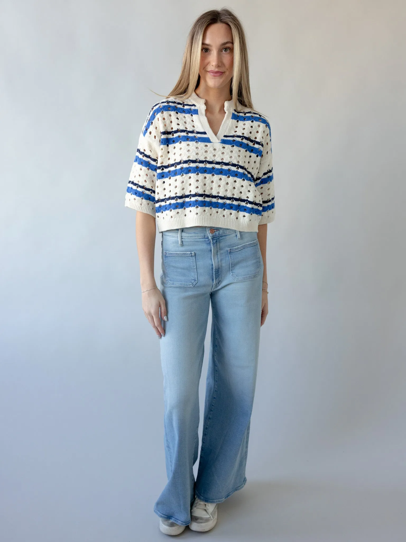 ReinforcedShoulders Ribbed Knit Fabric Match Point Sweater- White