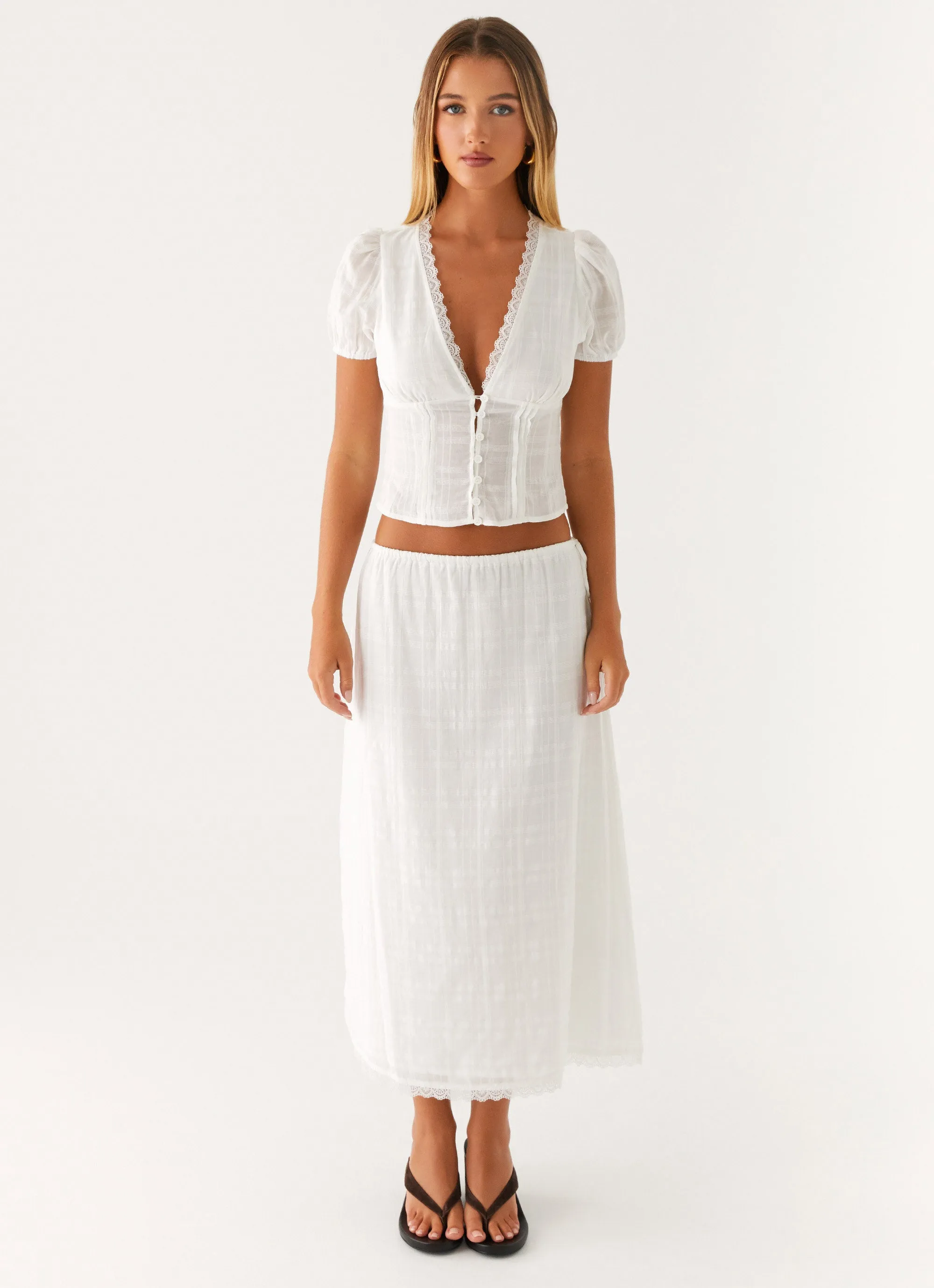 Sweet Lullaby Midi Skirt - White Gentle Flow