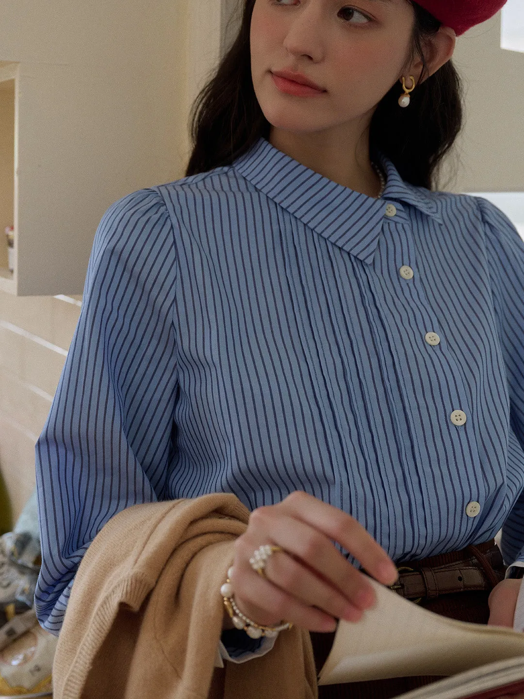 Multi Panel Cut Sylvie Slanted Placket Stripe Shirt