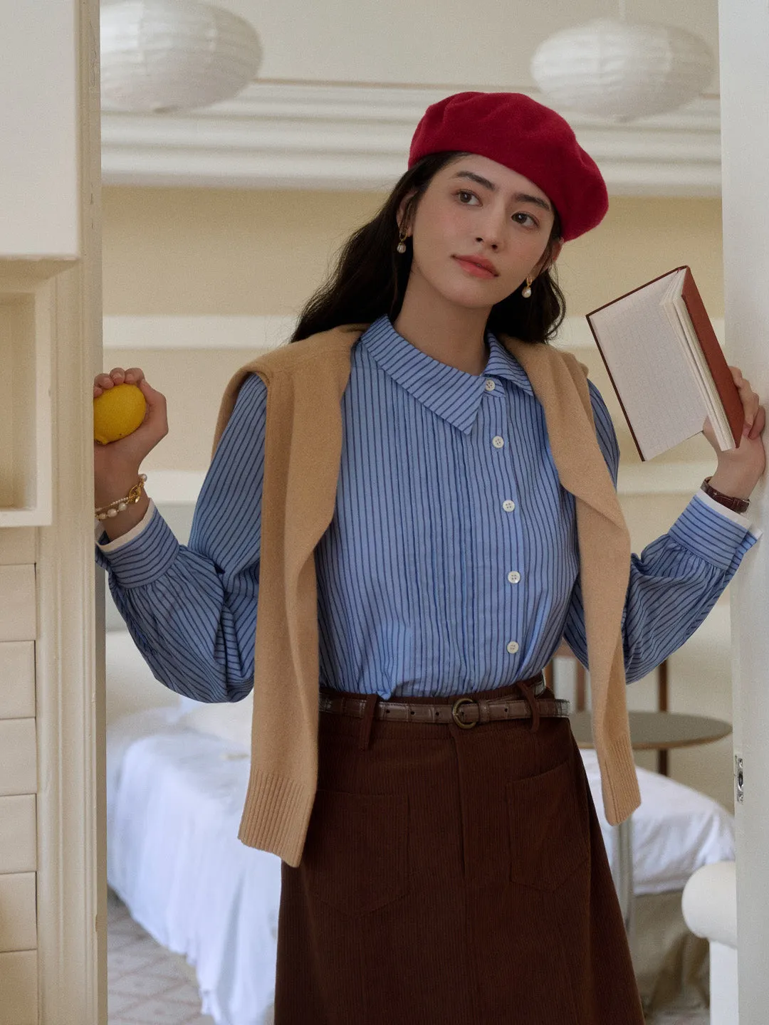 Sylvie Slanted Placket Stripe Shirt MoistureControl Soft Brushed Finish