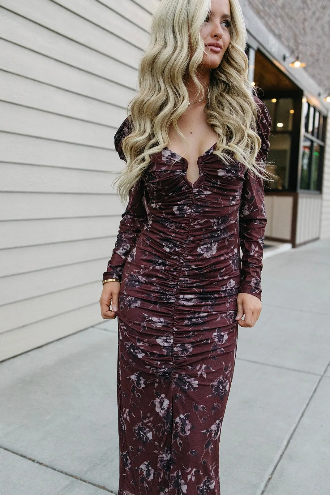 Elegant Charm ASTR Ruched Mesh Midi Dress