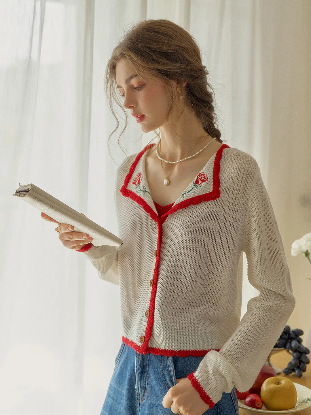 WrinkleResistant Cloth Rosemary V-Neck Embroidered Wool Cardigan