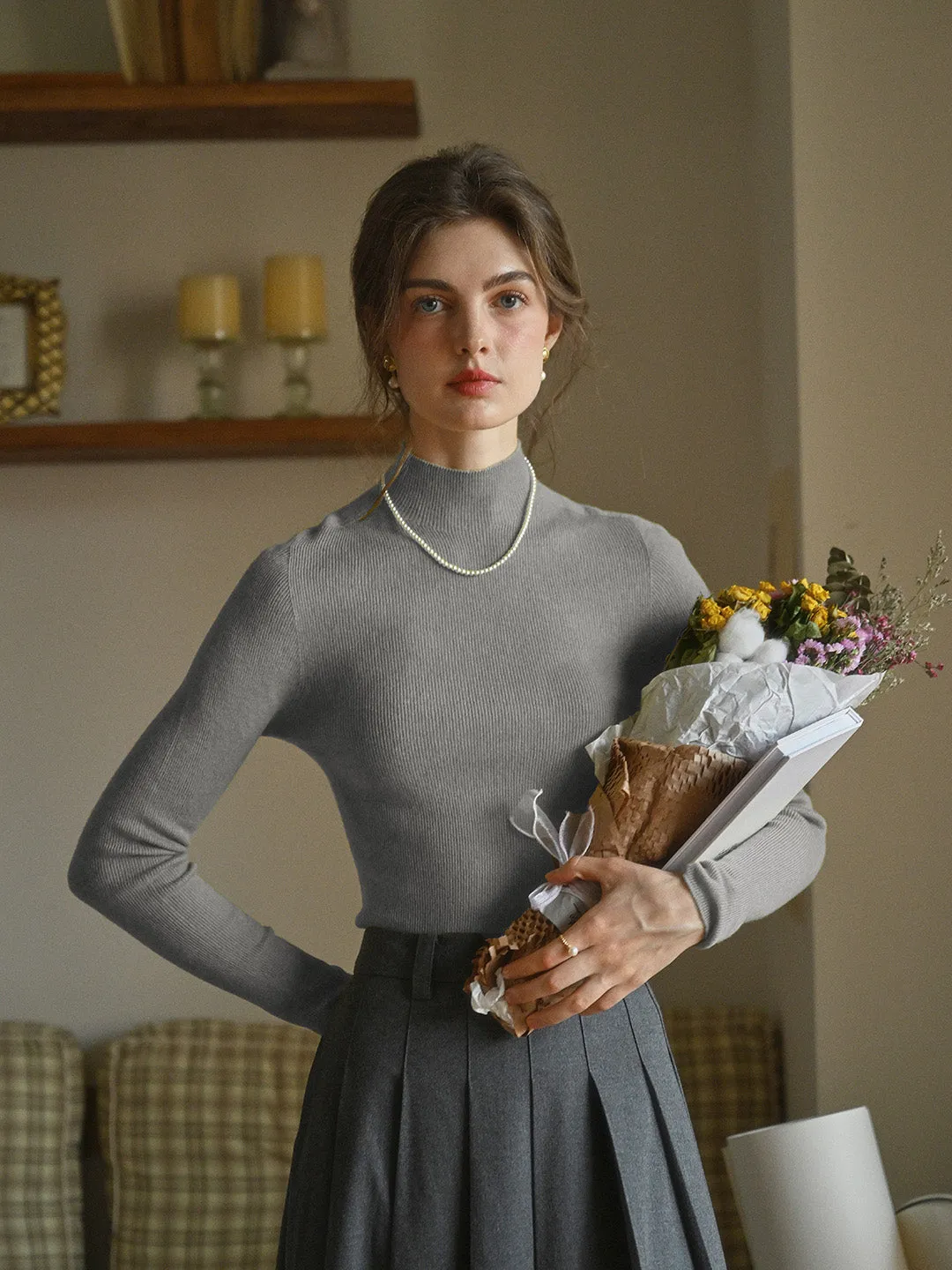 Erin 100% Wool Simple Mock Neck Slim Fit Sweater - Green RaglanSleeve Simple Style