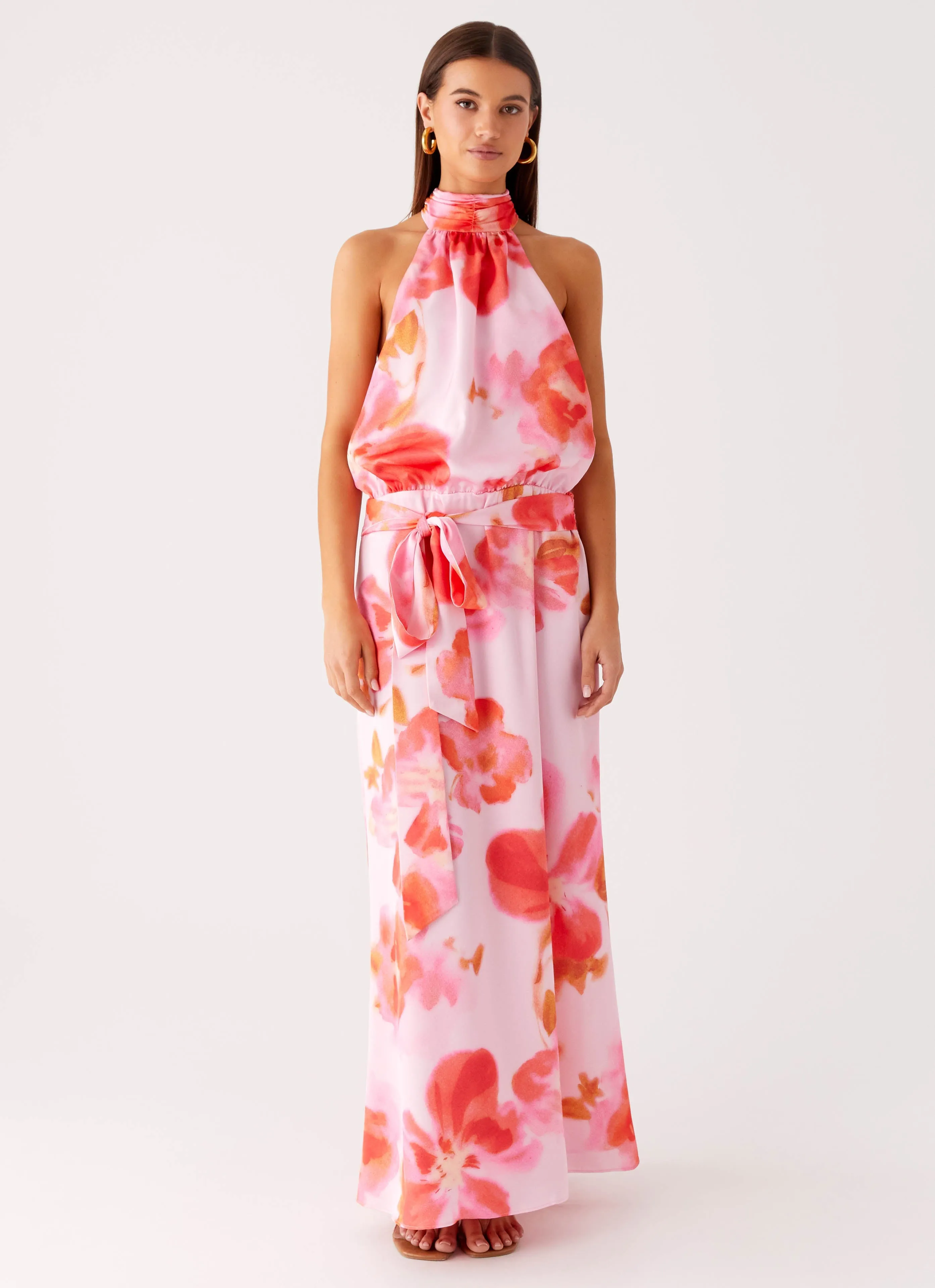 Statement-Buttons Diablo Backless Maxi Dress - Blushing Blossom