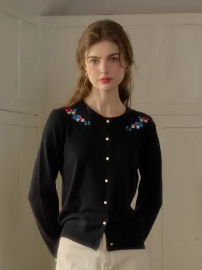 Layered Neckline Daisy Round Neck Embroidered Cardigan