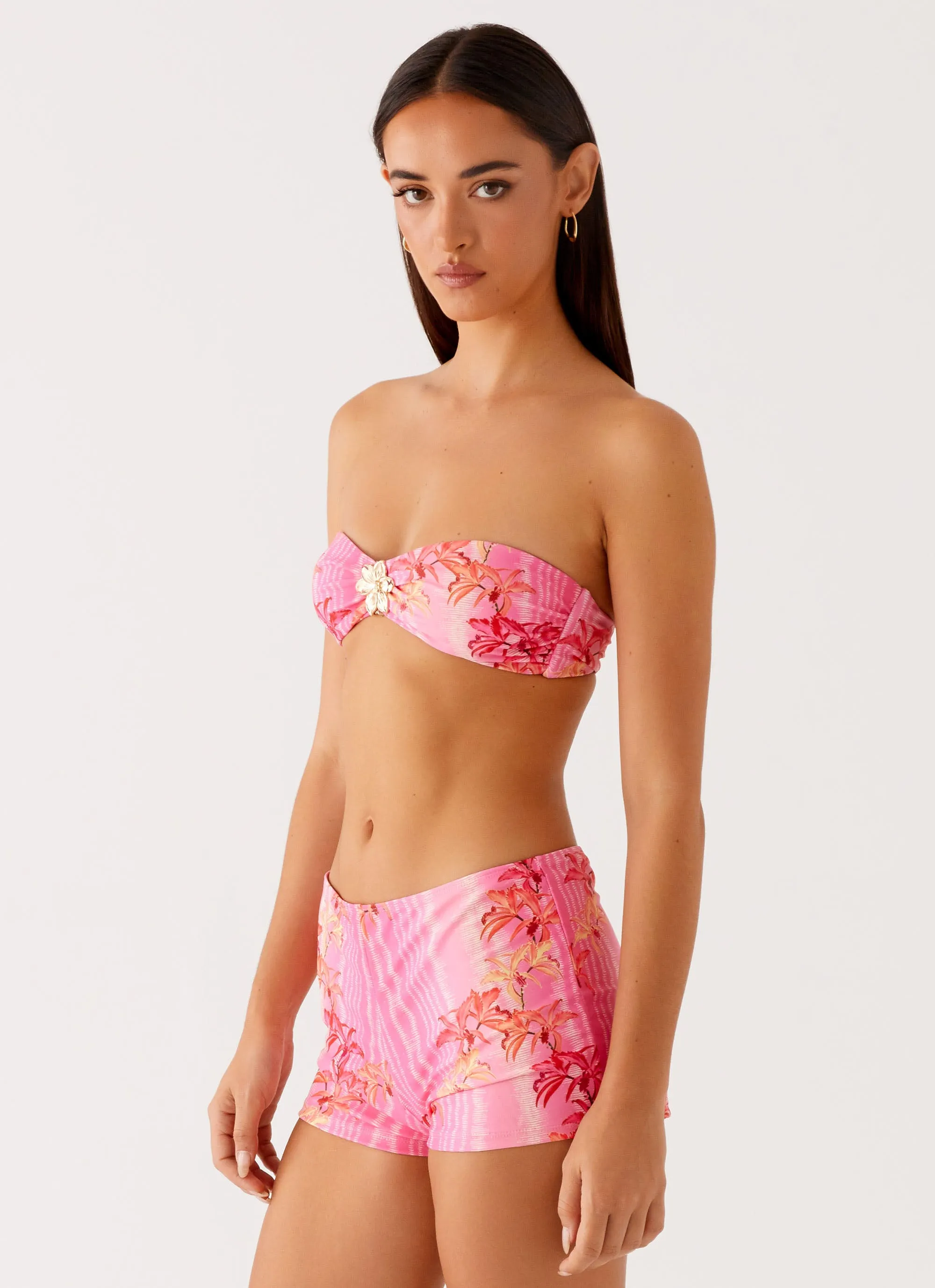 Anti Pilling Surface Low Cut Tamra Strapless Bikini Top - Tropical Pink Print