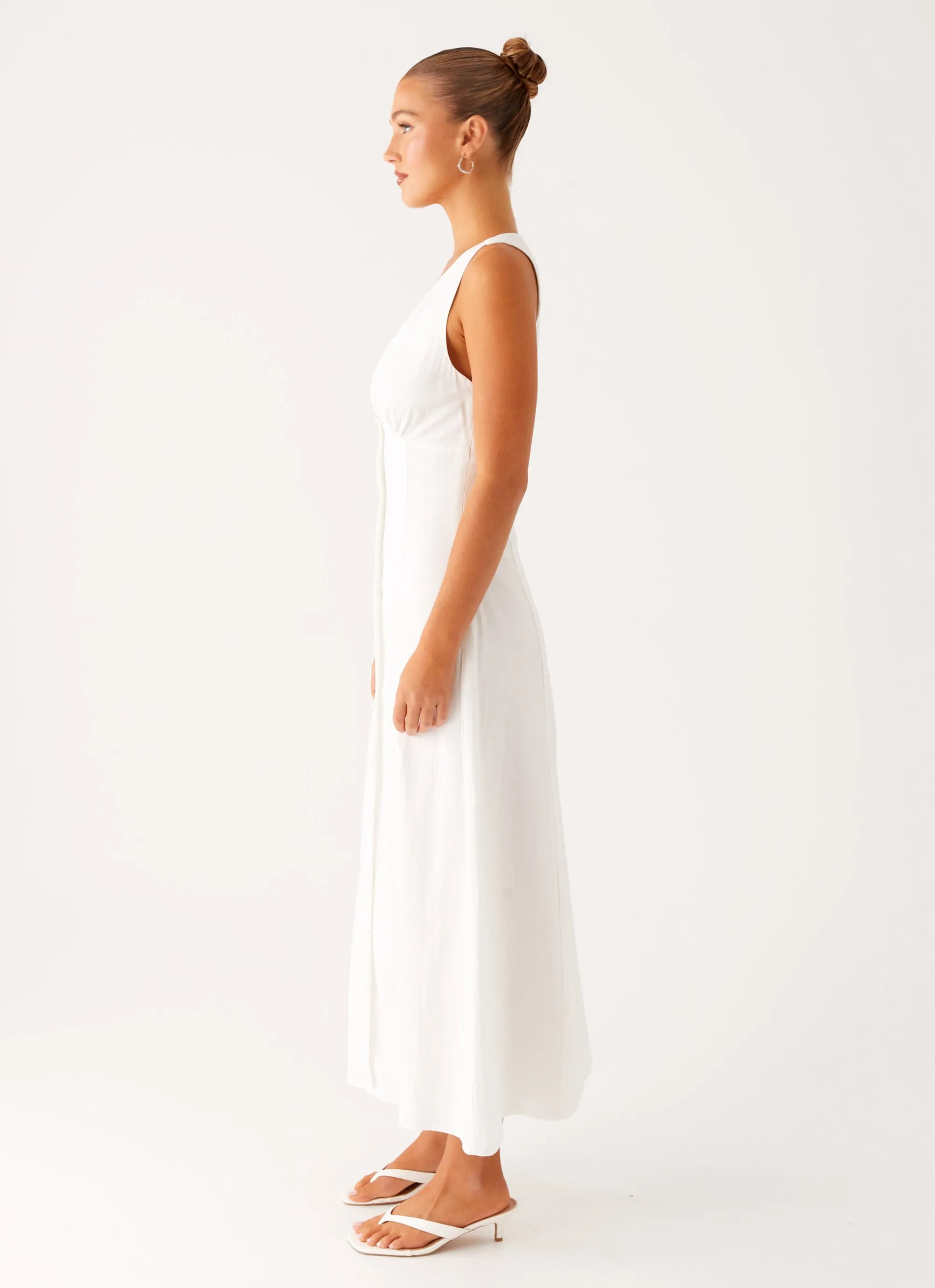 Tamsin Linen Maxi Dress - White Soft-Lining Velvet-Edge