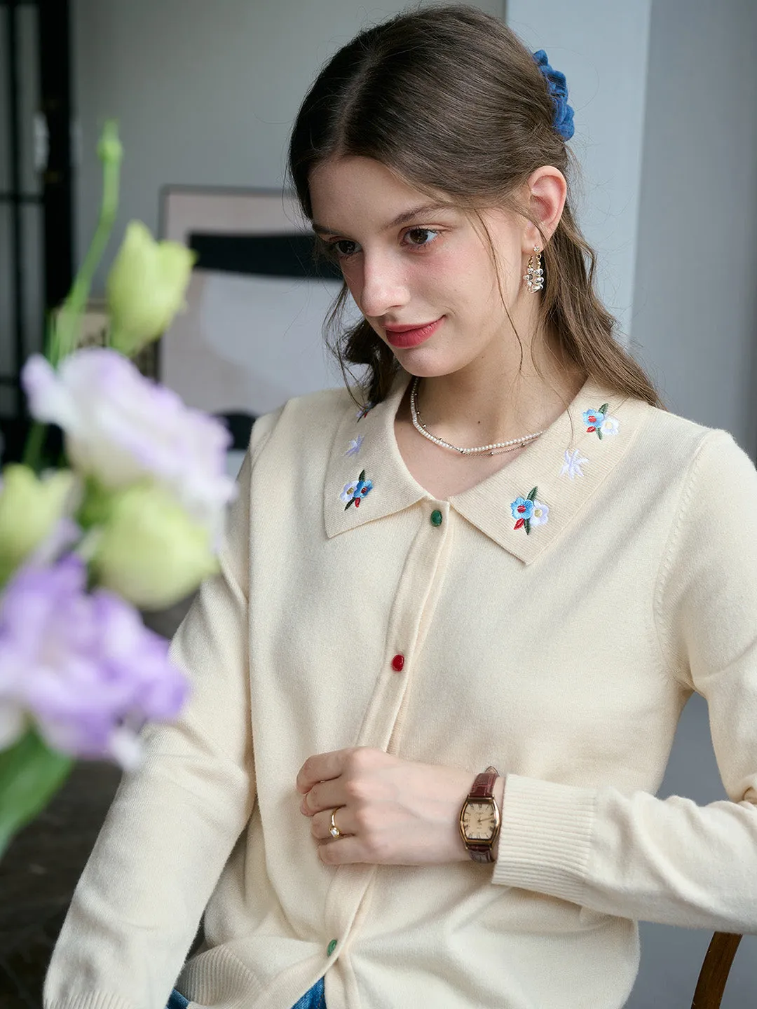??Final Sale??Rave Embroidered Color-Blocked Notch Collar Cardigan Torsion Support Structure Reinforced Shoulders