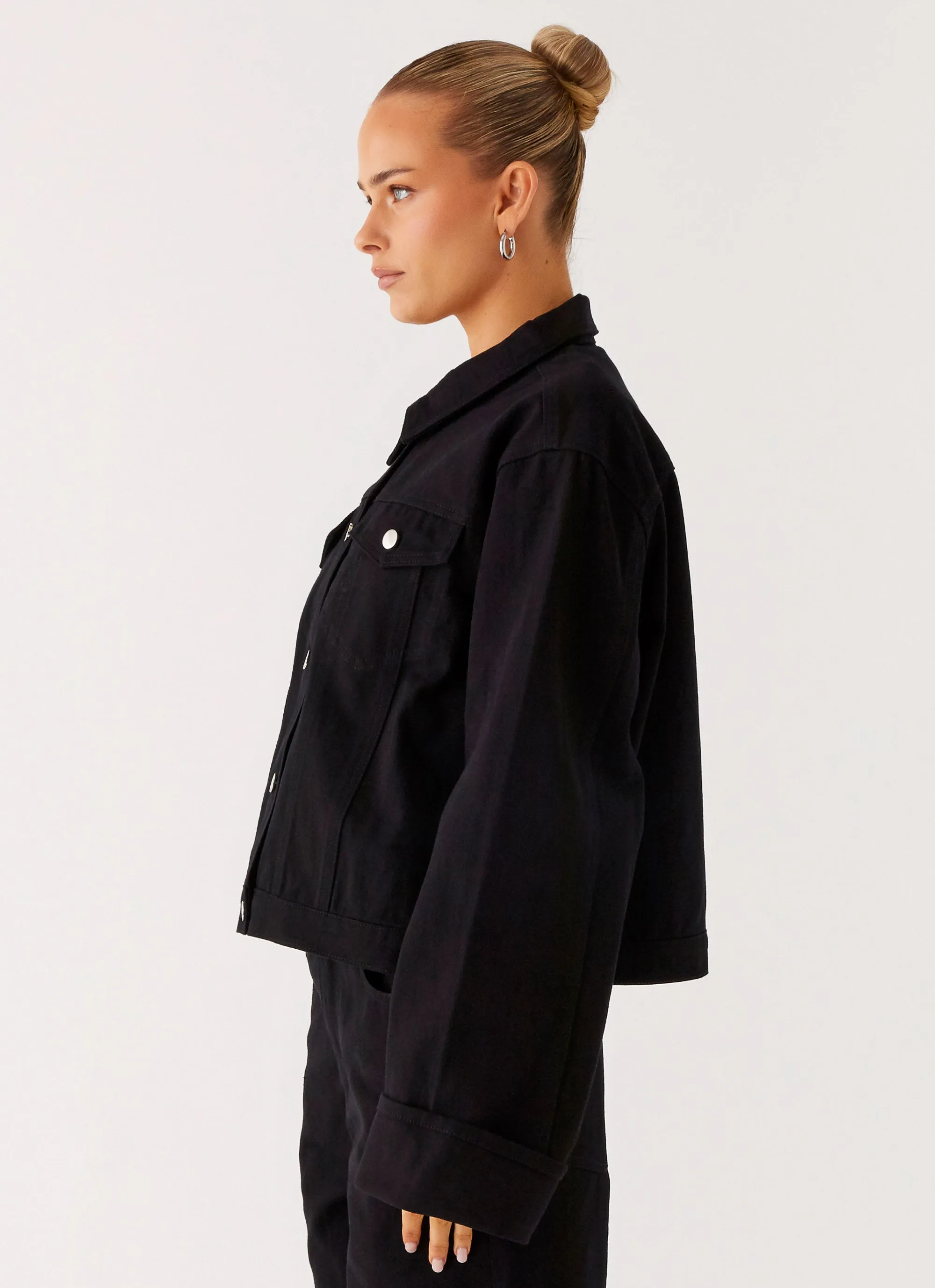Back Again Oversized Denim Jacket - Black Light Comfort Elastic waist