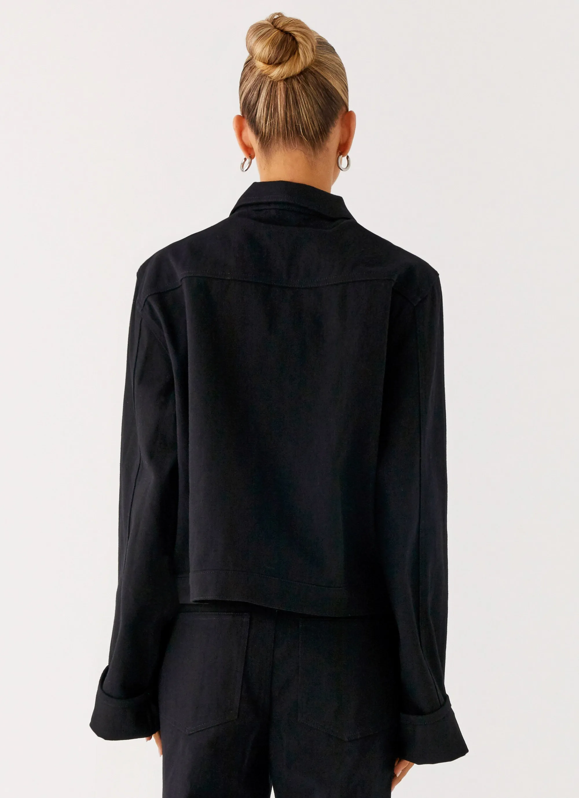 Drop Hem back - to - school Back Again Oversized Denim Jacket - Black