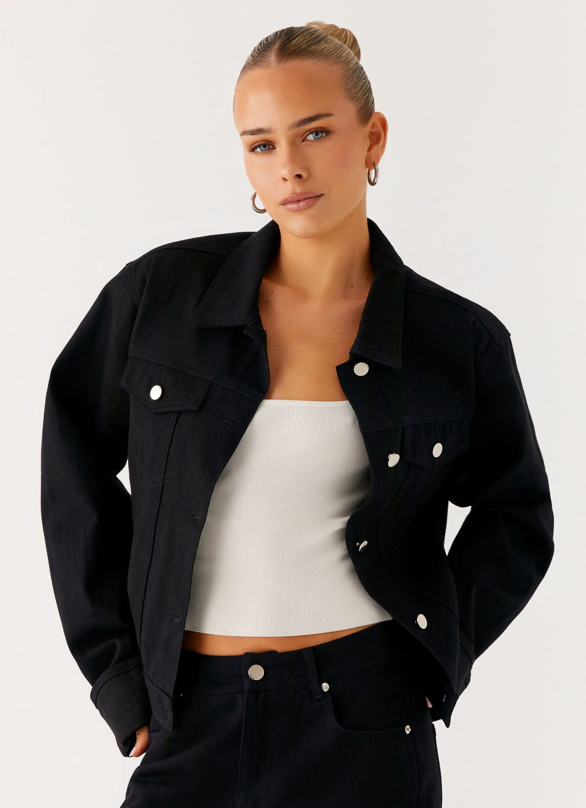 Compact Packable Design Back Again Oversized Denim Jacket - Black