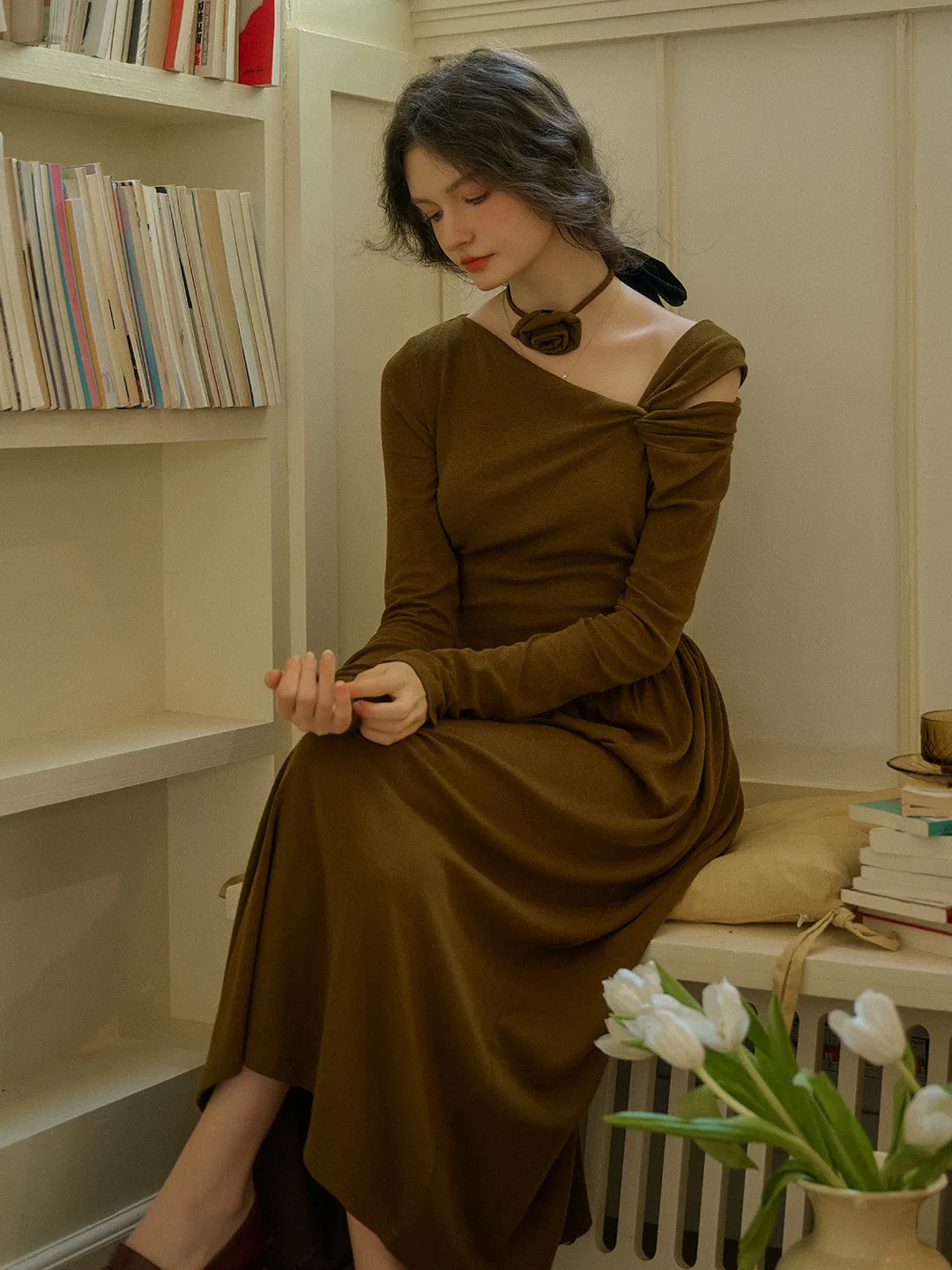 Lakelynn Tailored Off-Shoulder Knotted Midi Dress (with Rose Choker) Style Vibes Sleek Flow