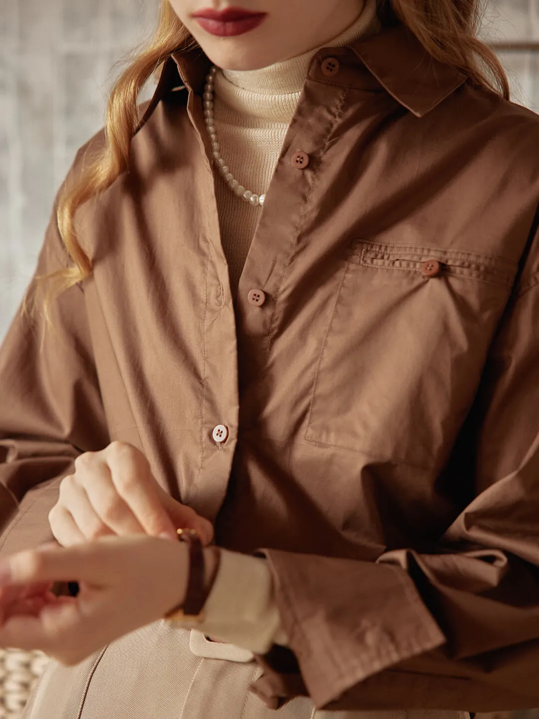 Blanche Brown Blouse WideNeckline Flexible Ribbed Cuffs