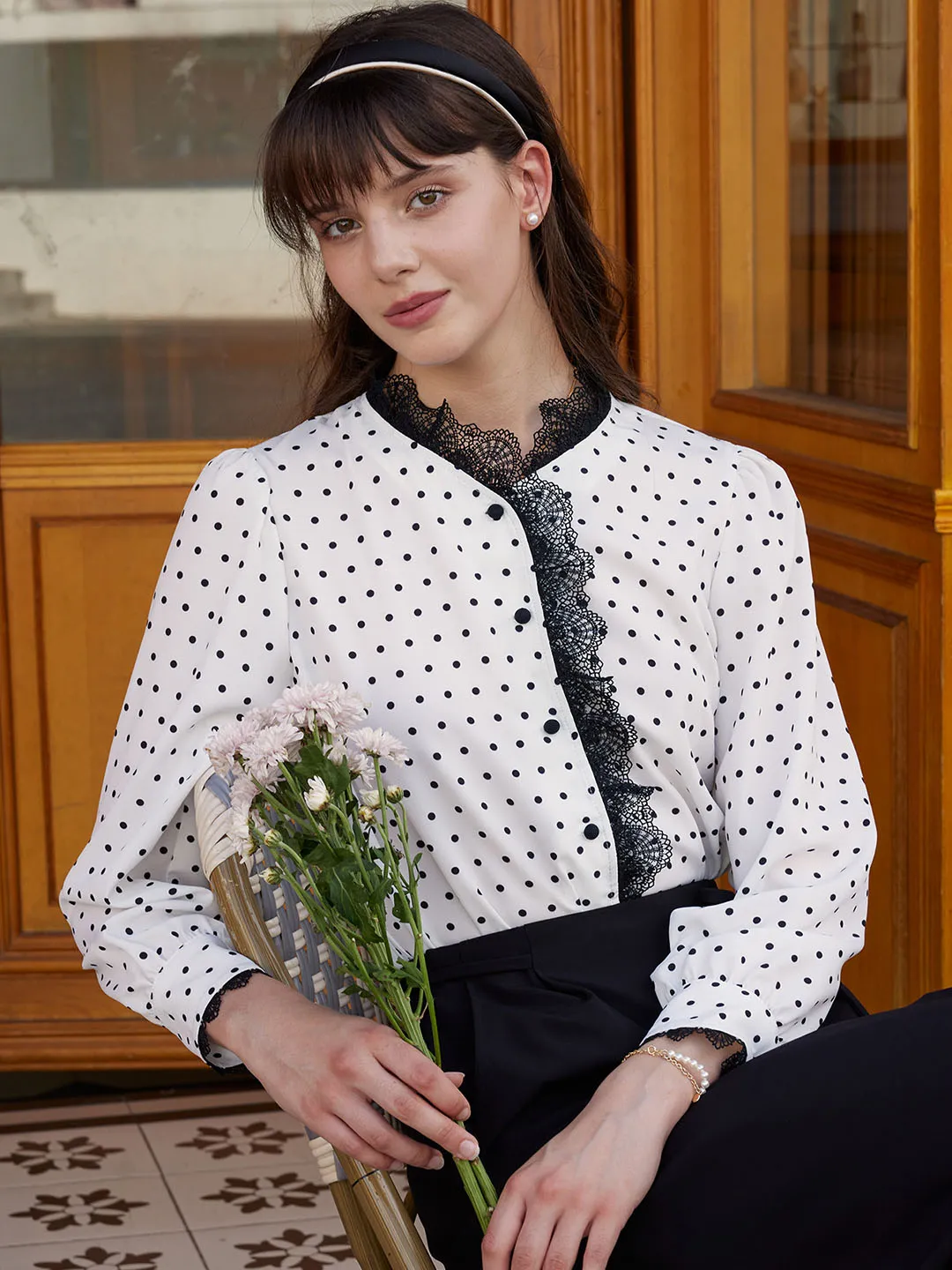 Multipurpose Design Rosalina Polka Dot Contrast Lace Panel Blouse