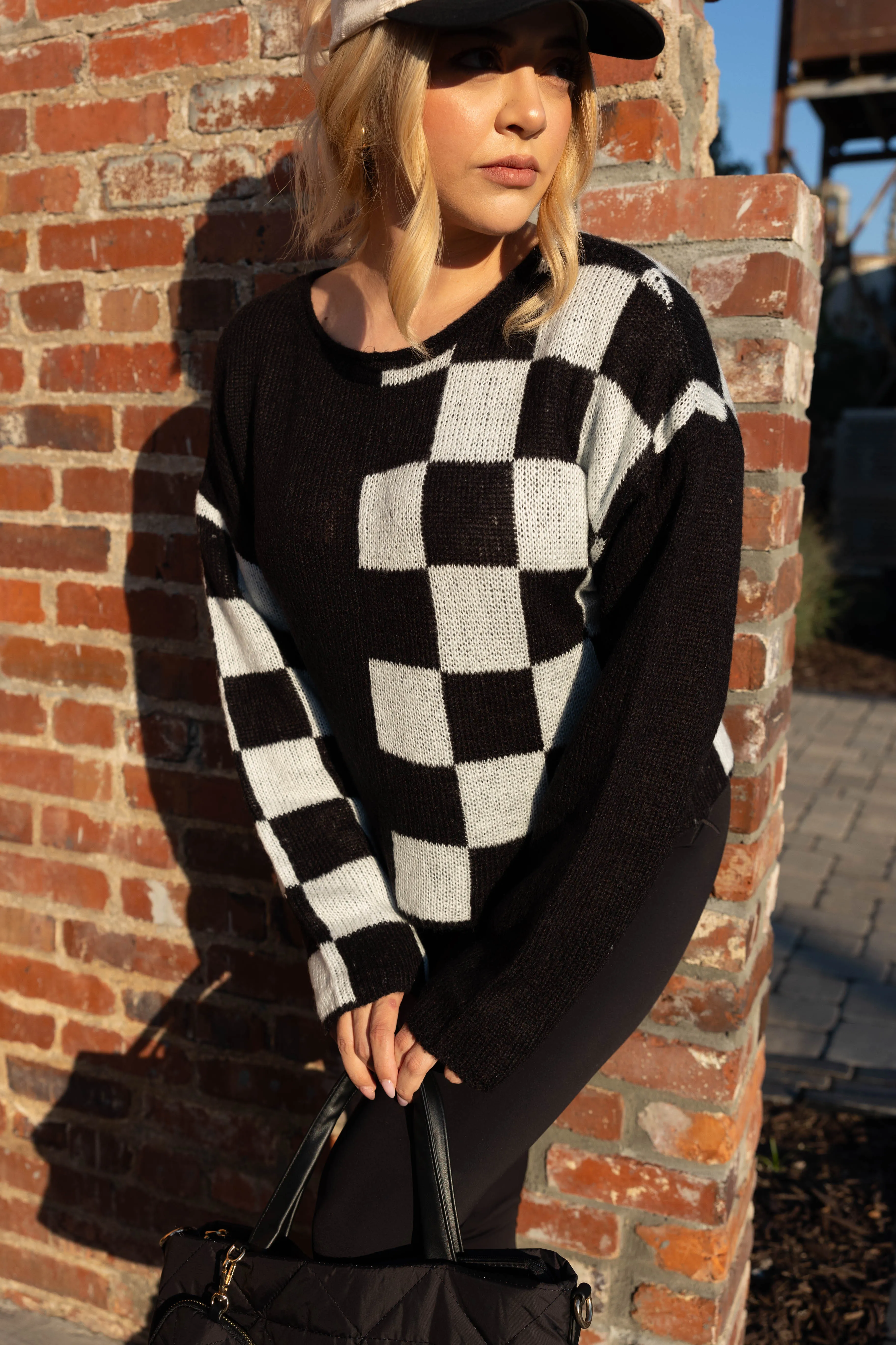 Checkered Charm Sweater FlexibleRibbedTrims All Purpose Casual Cut