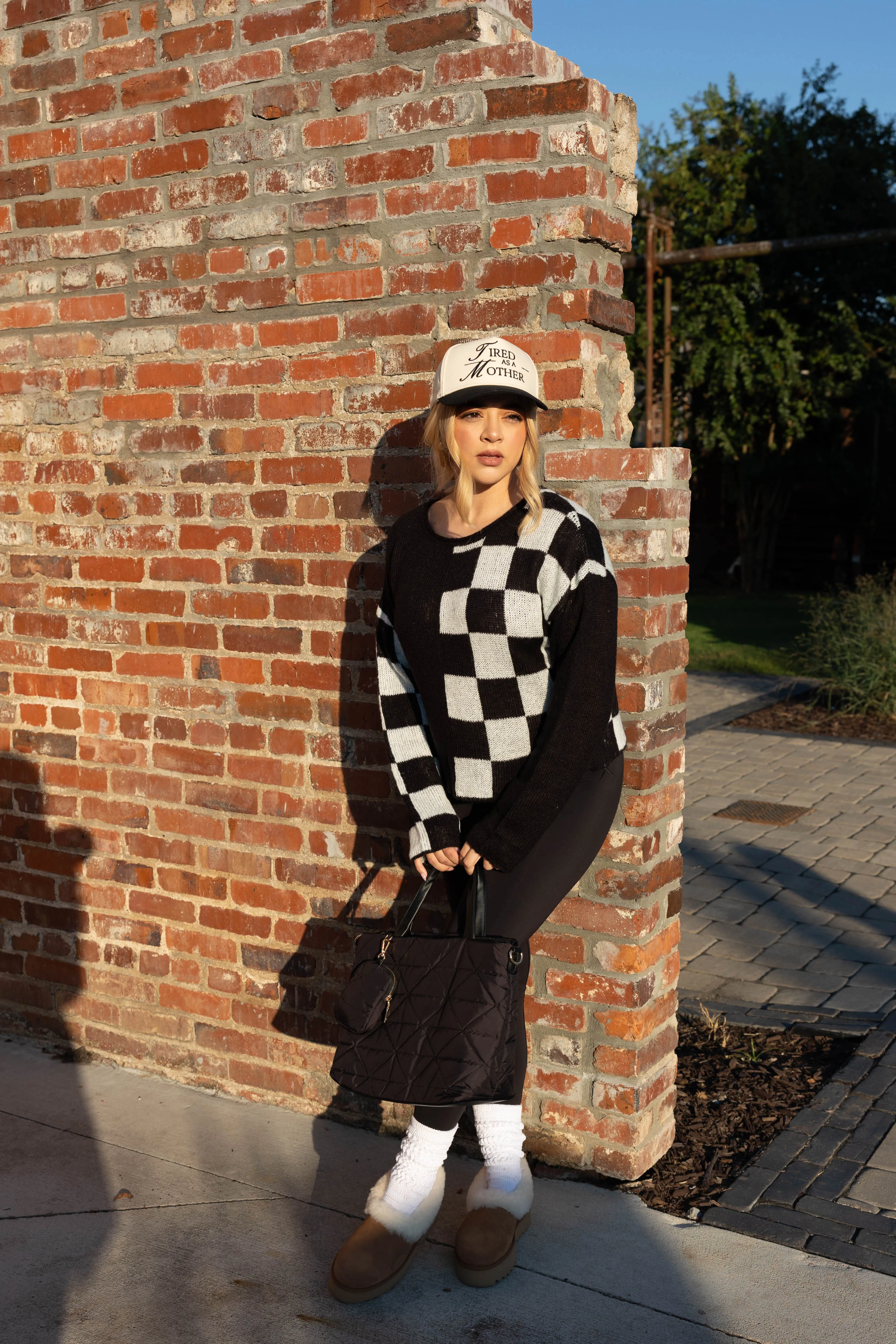 Raw Edge Finish Checkered Charm Sweater