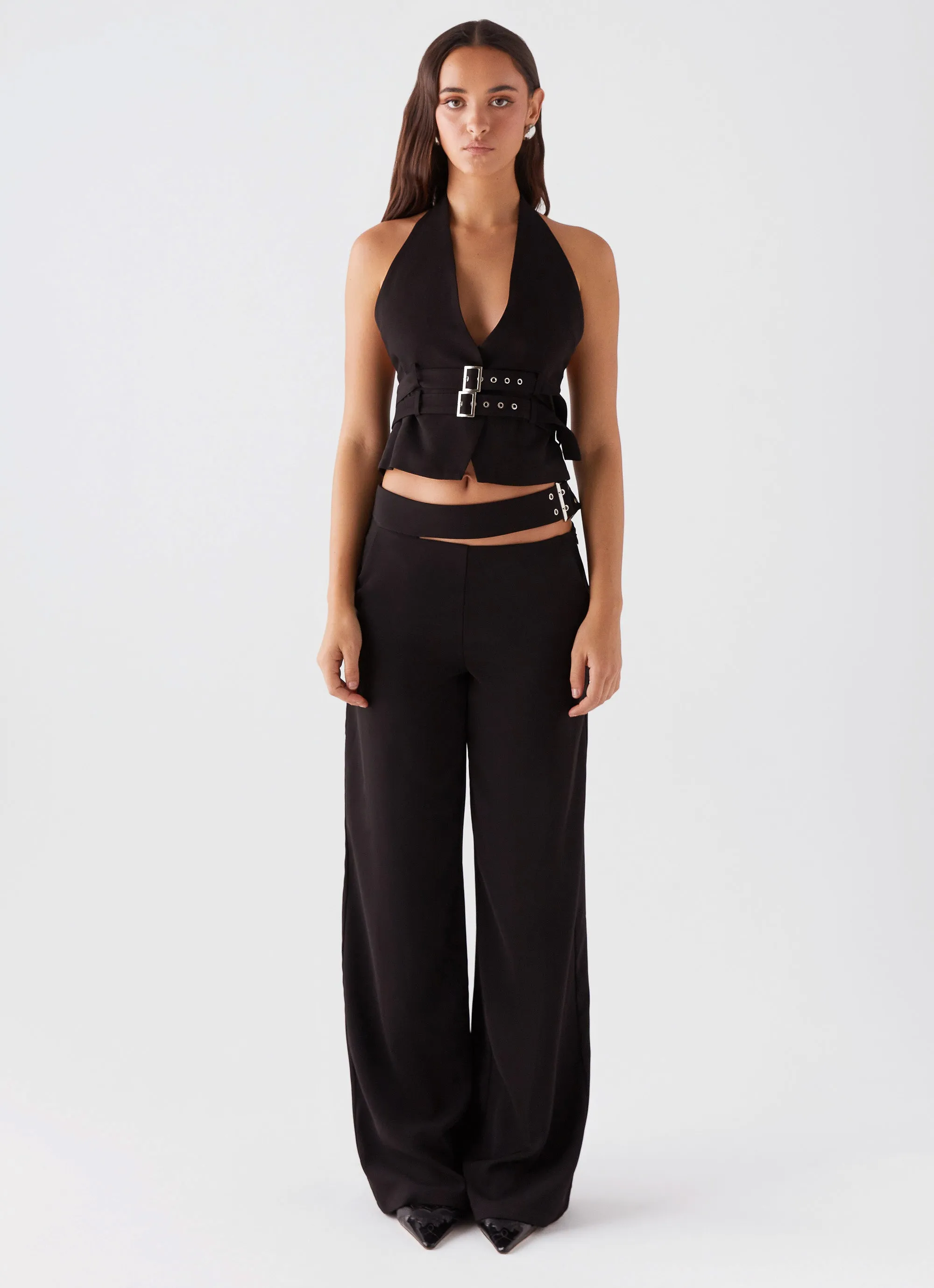 The After Party Cut Out Belt Pants - Black Stretch Panels Modular Attachment