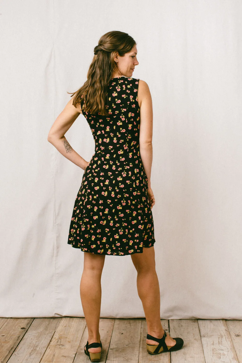 Thea Dress in Black Floral Challis Walk Easy City Rhythm