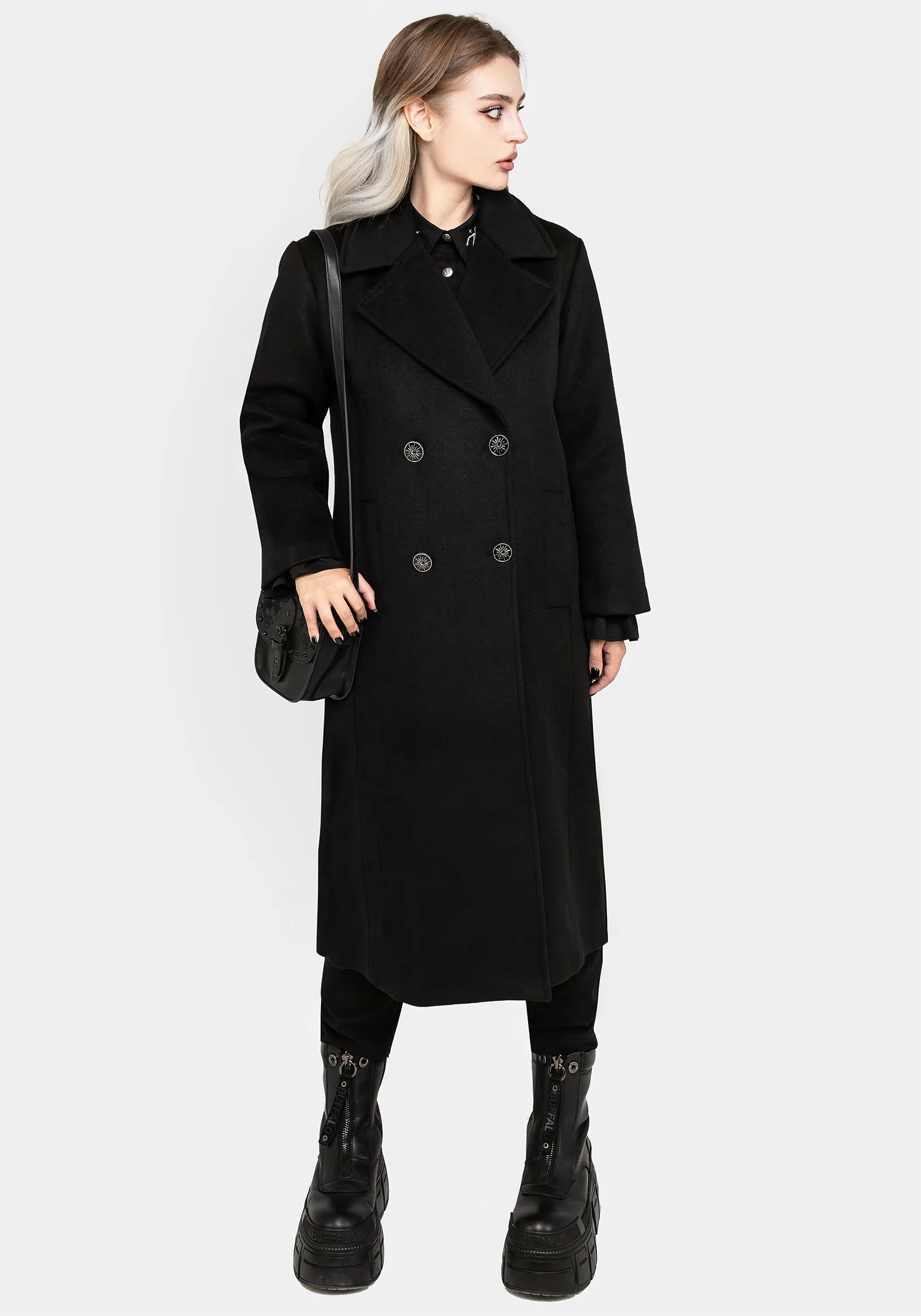 Theia Double Breasted Longline Wool Blend Coat SeamlessShoulderPanels TapedZippers