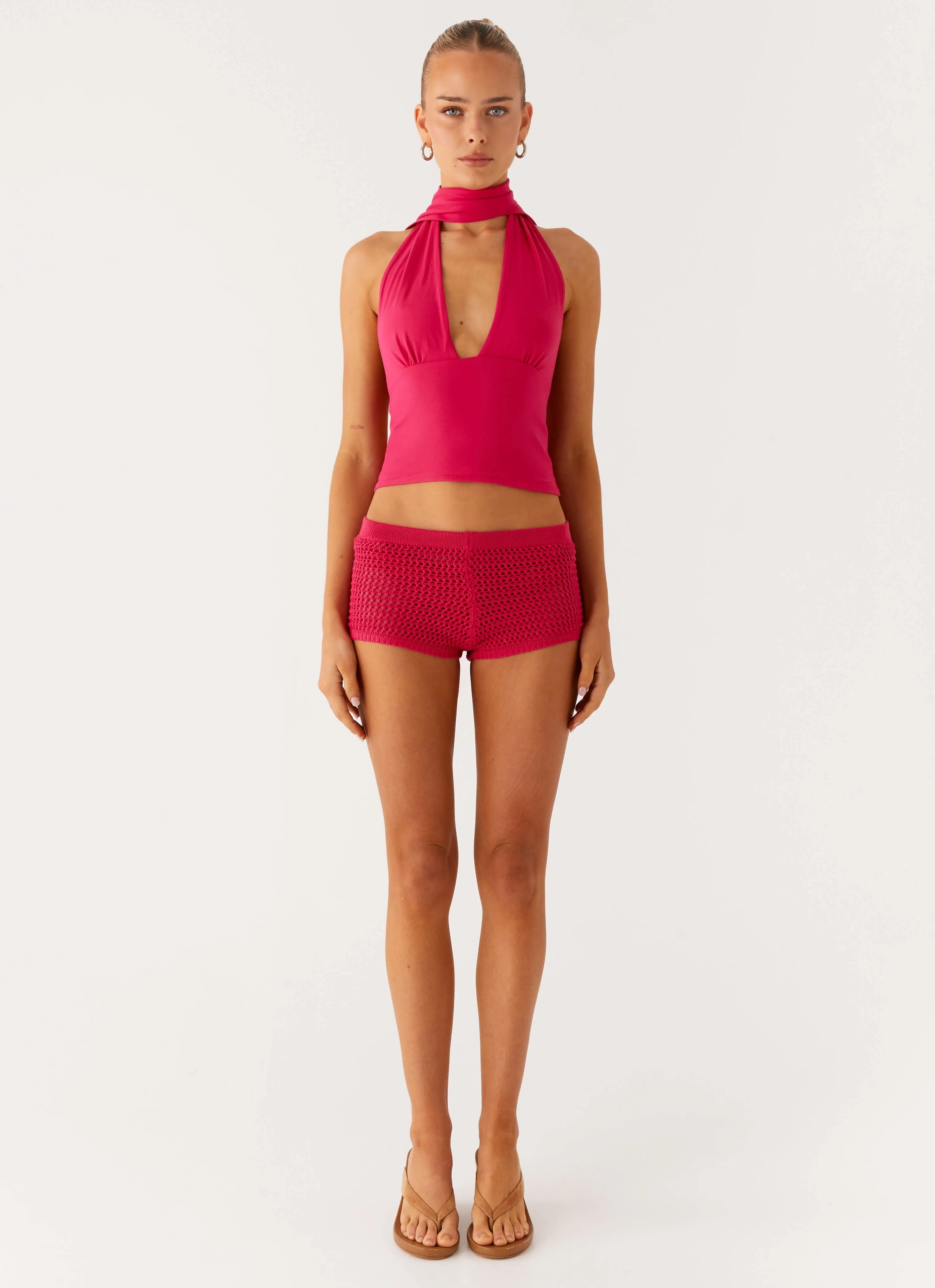 Stretchable Fabric Lukella Crochet Mini Short - Hot Pink