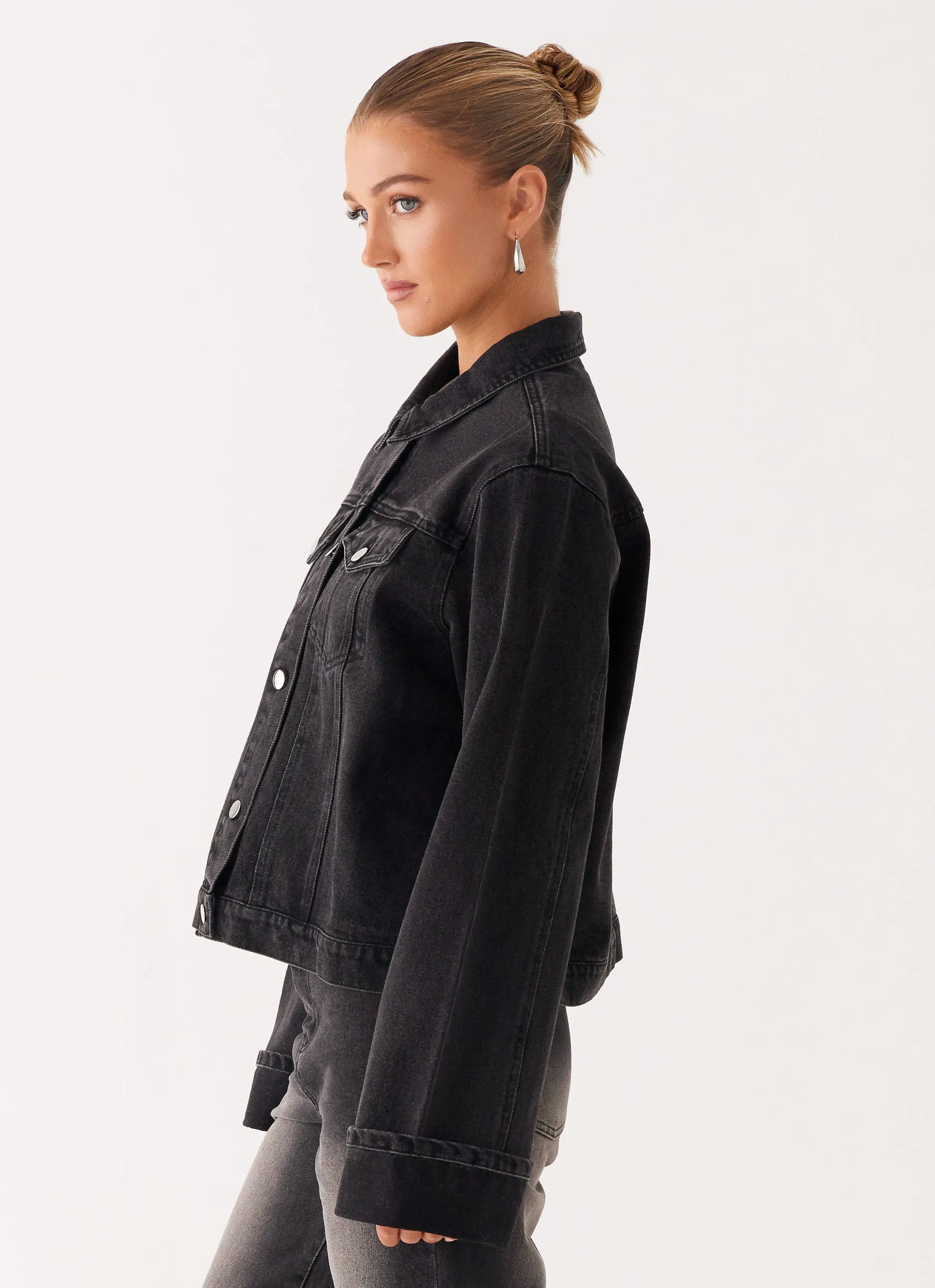 Back Again Oversized Denim Jacket - Charcoal Wash Fantasize WindproofConstruction