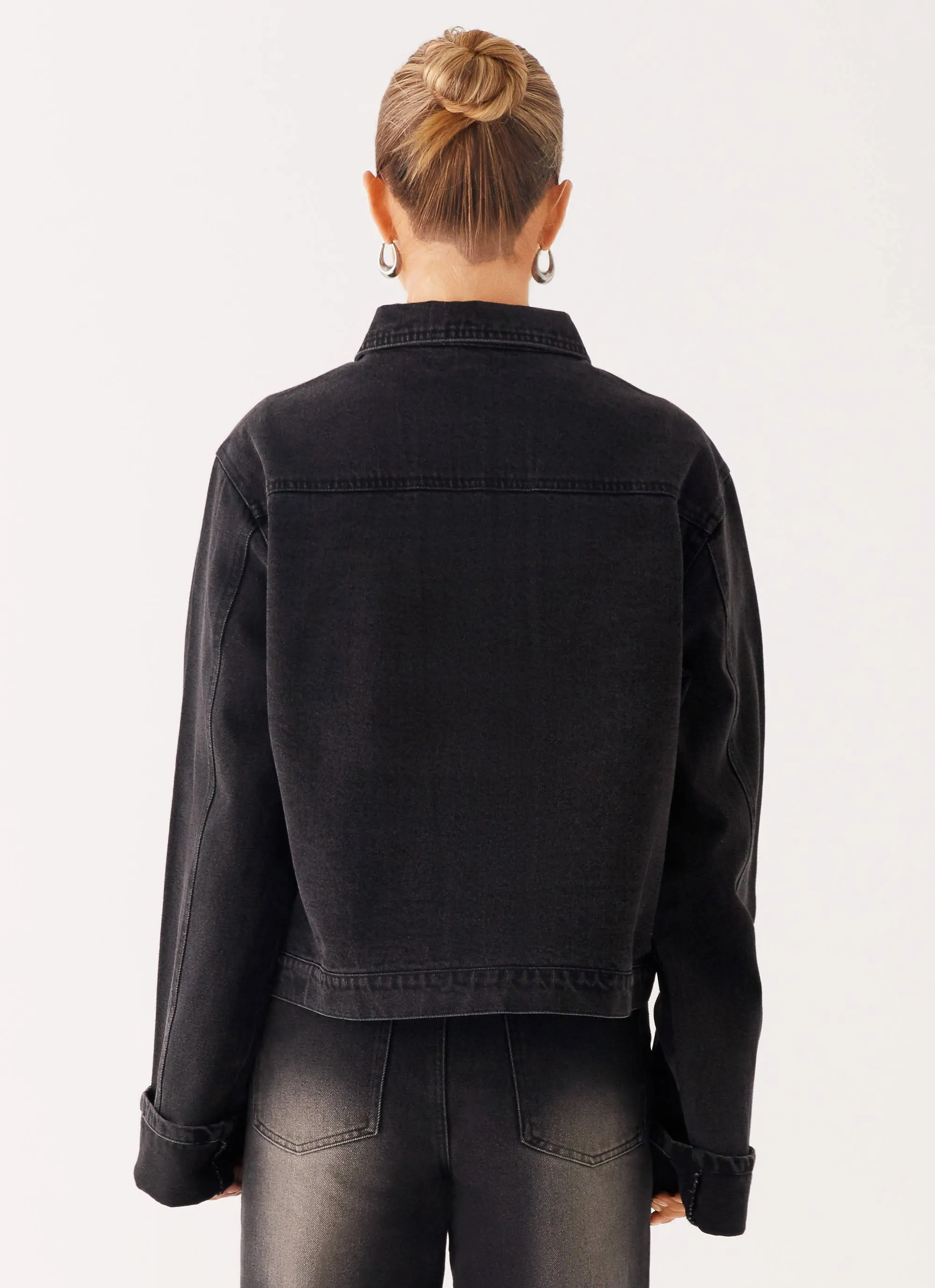 Back Again Oversized Denim Jacket - Charcoal Wash Sporty Shield