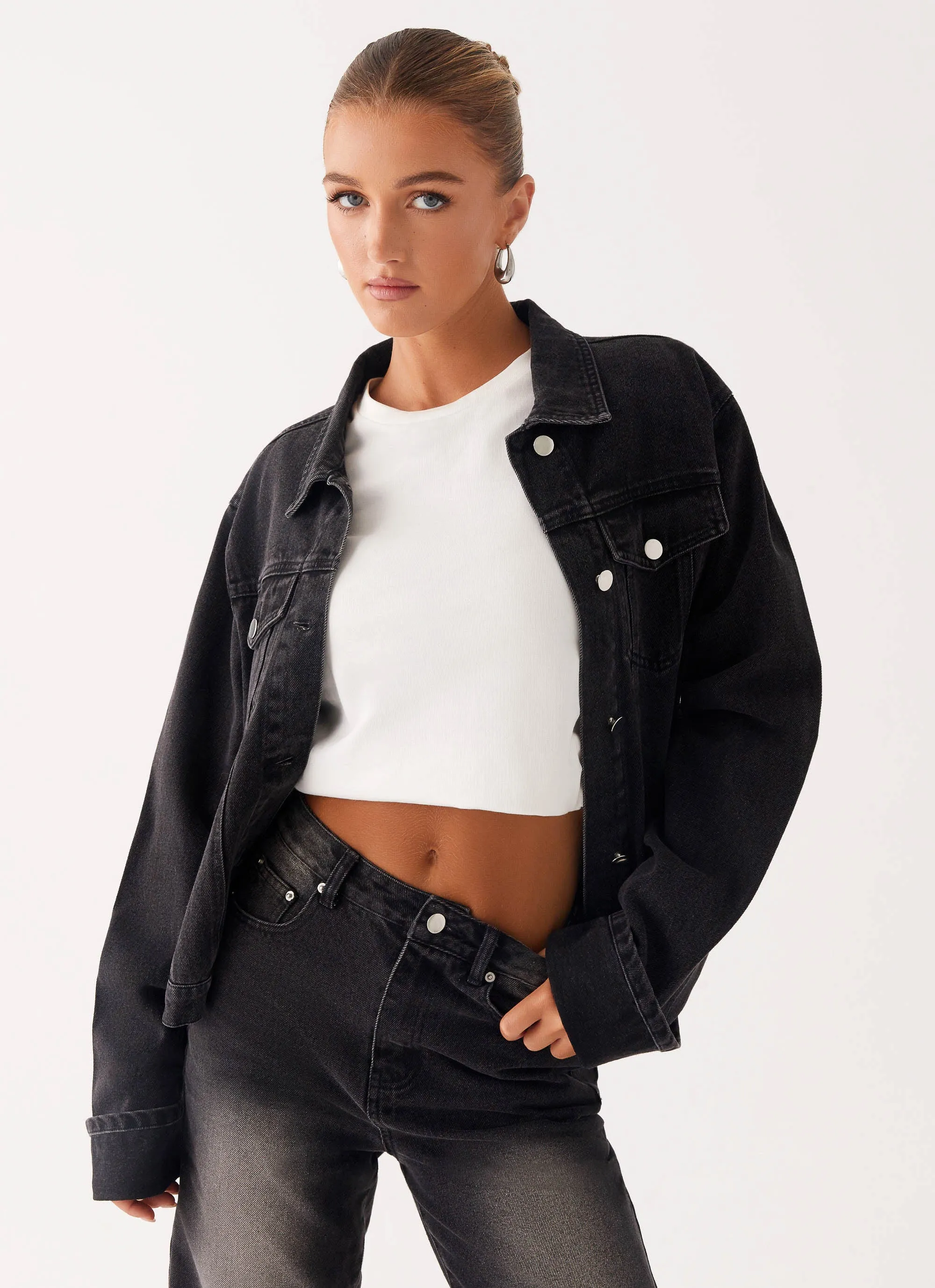 Back Again Oversized Denim Jacket - Charcoal Wash suitable for graduations